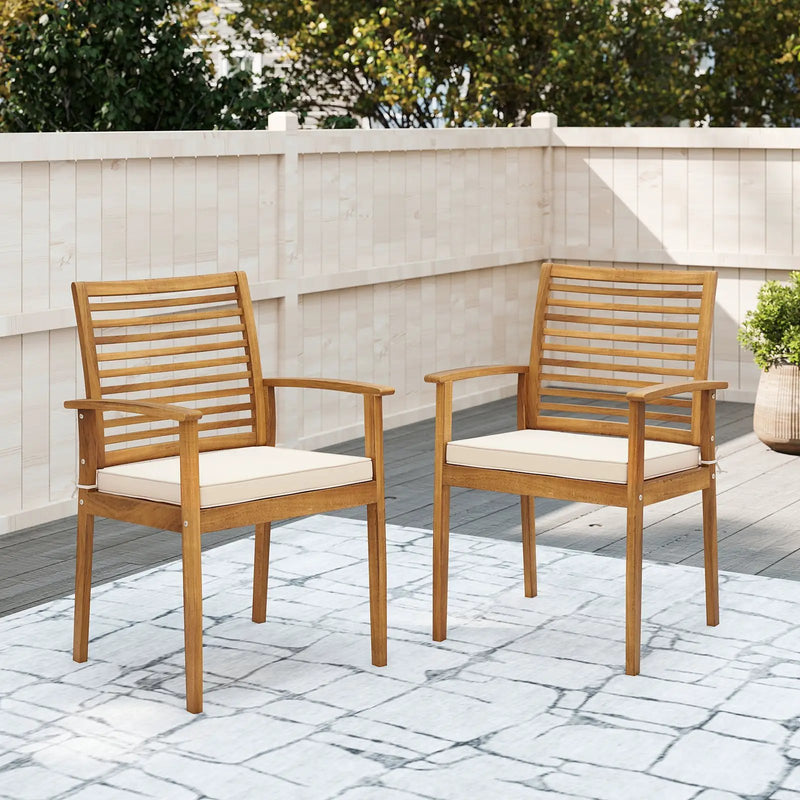 Outdoor Patio Dining Chairs Set of 2 with Removable Padded Cushion and Slatted Backrest-Beige by DirectDeals