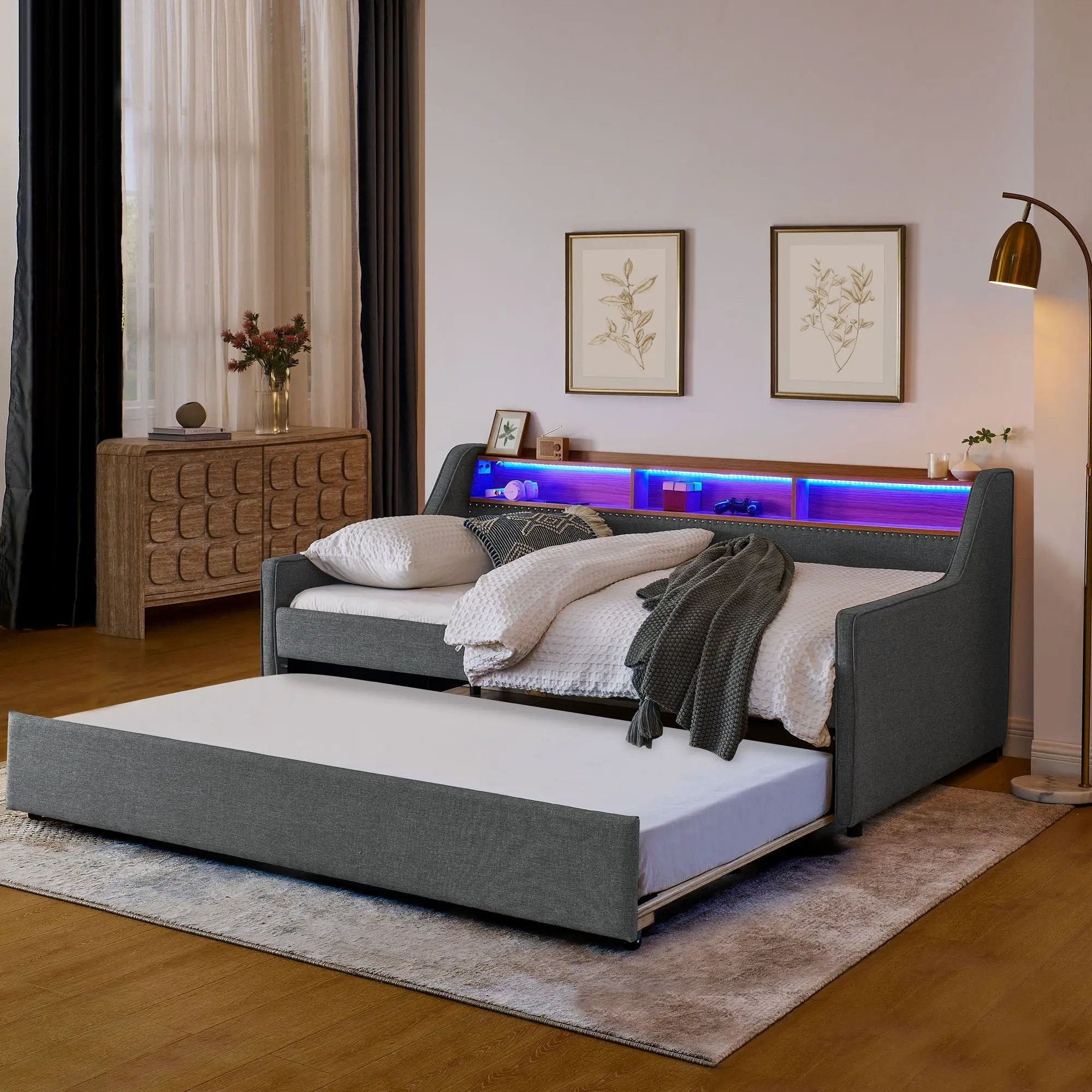 Upholstered Sofa Bed With LED Lights, Storage Headboard, Foldable Trundle & Wireless Charging by Unique Piece Furniture