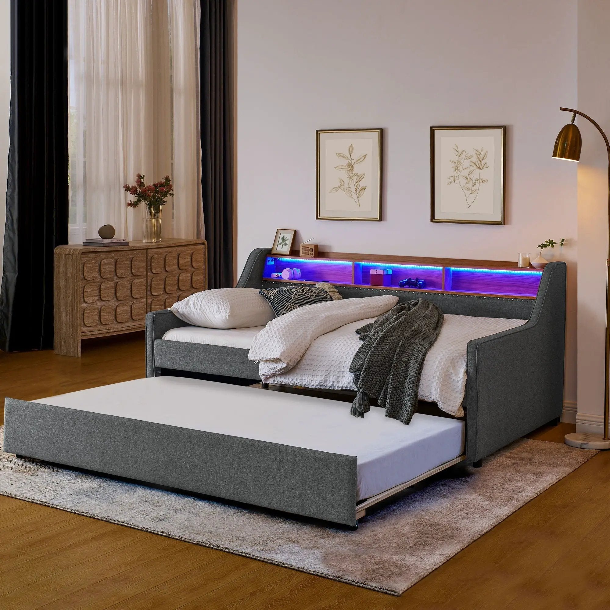 Upholstered Sofa Bed With LED Lights, Storage Headboard, Foldable Trundle & Wireless Charging by HouseOfZazla