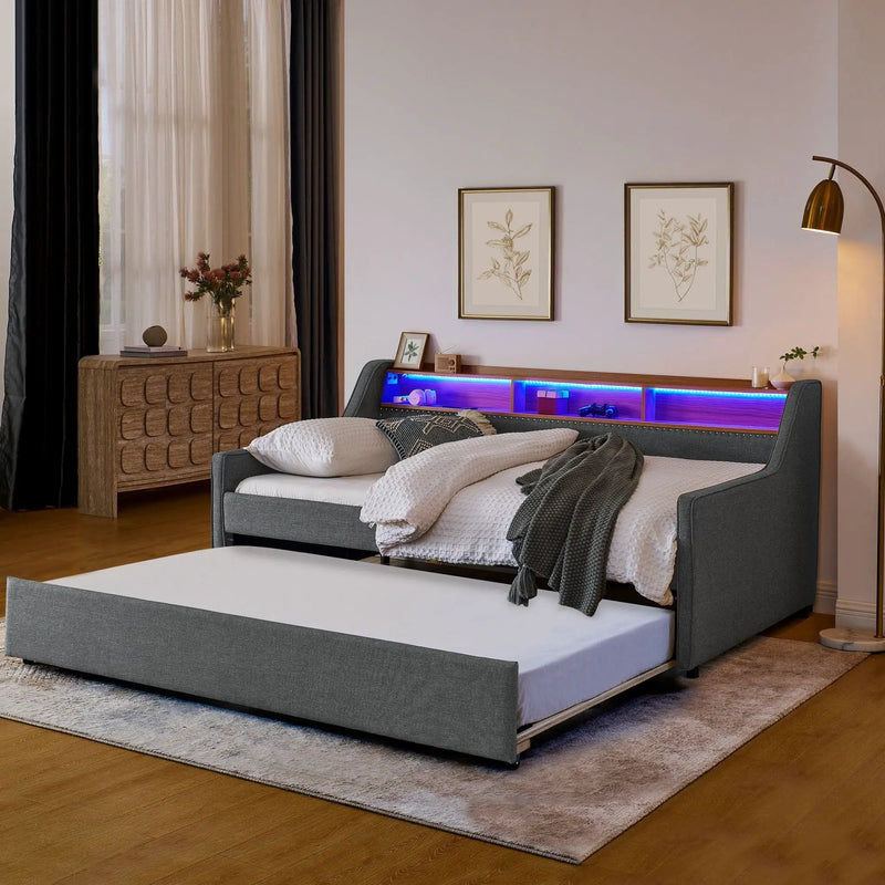 Upholstered Sofa Bed With LED Lights, Storage Headboard, Foldable Trundle & Wireless Charging by HouseOfZazla