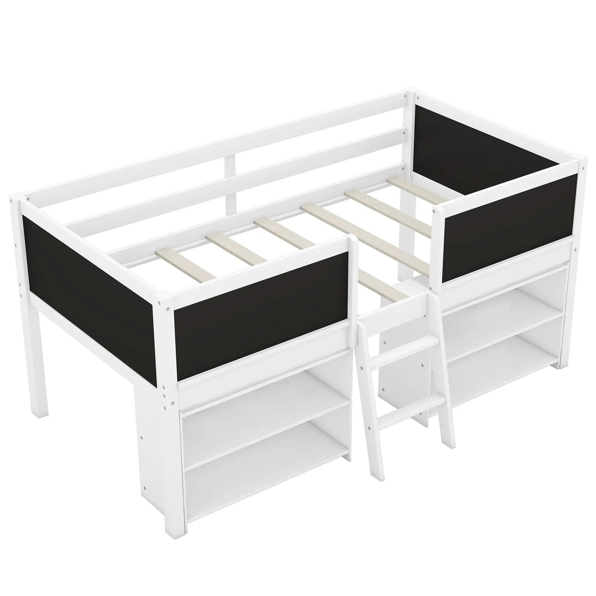 Low Loft Bed With Movable Shelves And Ladder, Decorative Chalkboard Guardrail by HouseOfZazla