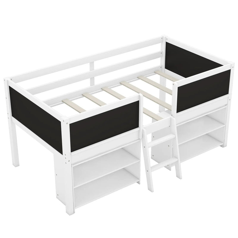 Low Loft Bed With Movable Shelves And Ladder, Decorative Chalkboard Guardrail by HouseOfZazla
