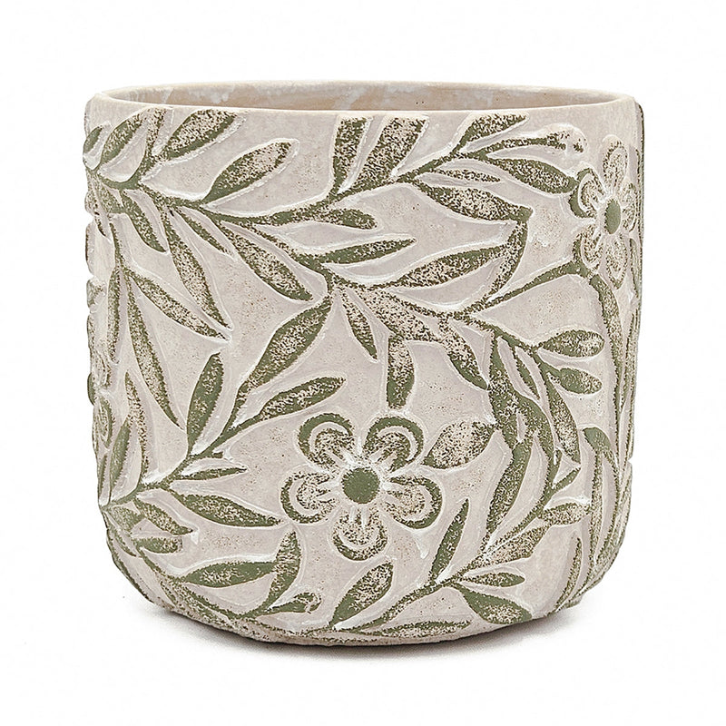 Set of 2 Garden Pots & Planters with Etched Floral Motif - Green & Gray, photo 5 of 10