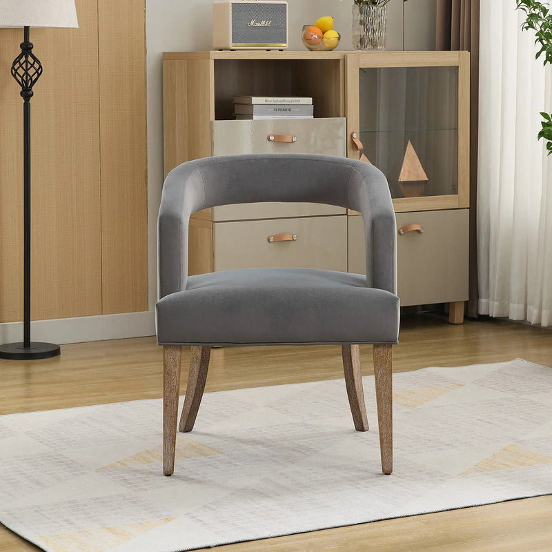 Wide Modern Barrel Open Back Upholstered Accent Chair With Weathered Solid Wood Legs by Unique Piece Furniture