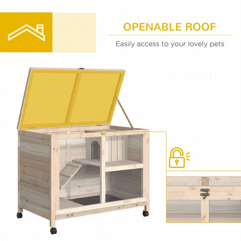 Pawhut - Indoor Rabbit Hutch With Wheels, Desk And Side Table Sized, Wood Rabbit Cage, Waterproof Small Rabbit Cage - Natural by HouseOfZazla