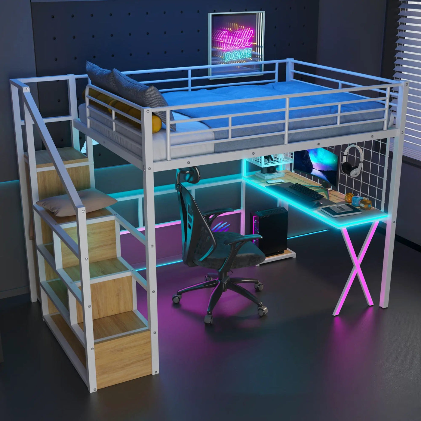 Loft Bed With Built In Work Station, Wardrobe, Storage Staircase And LED by HouseOfZazla
