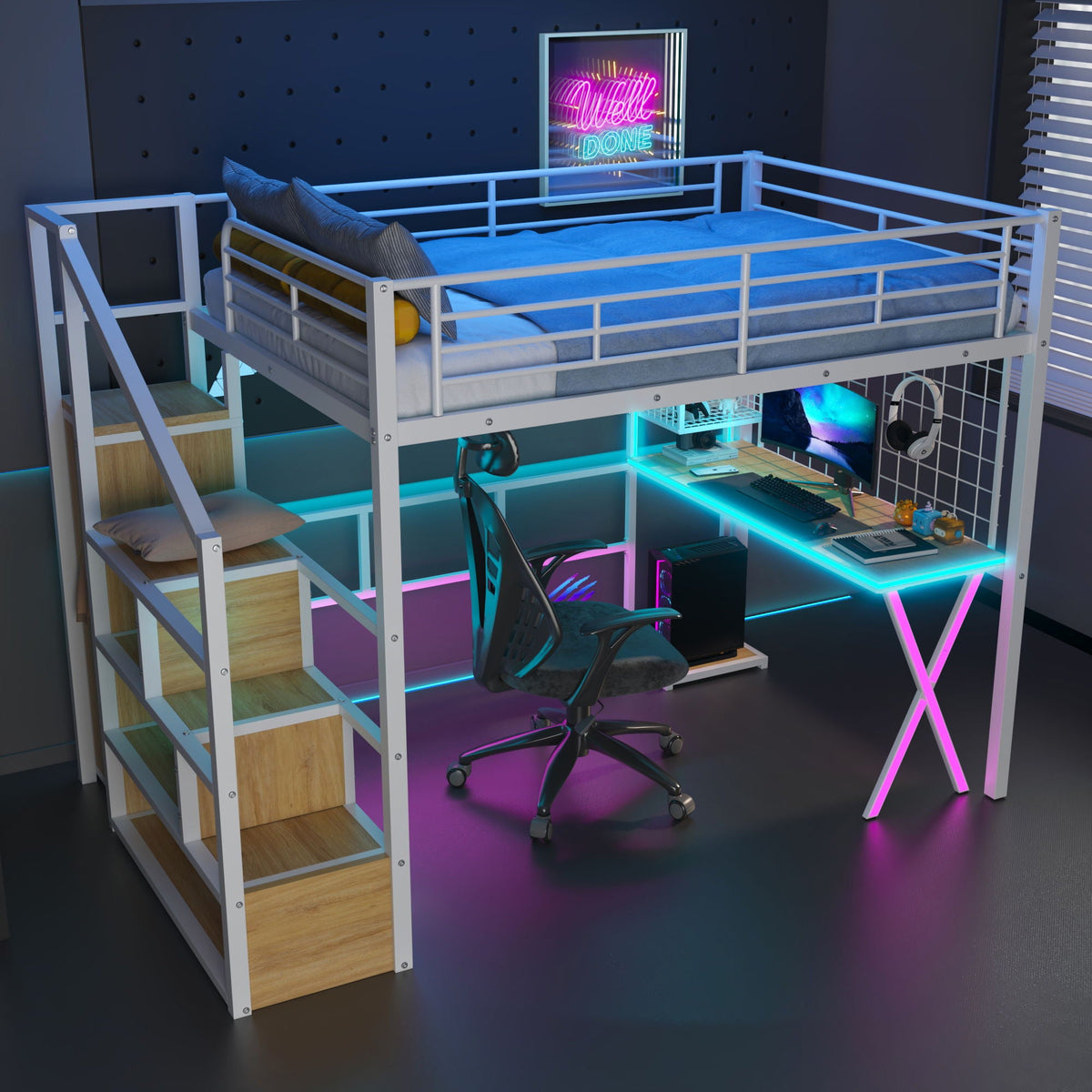 Loft Bed with Built-In Work Station, Wardrobe & Storage Staircase – White or Black, photo 7 of 40