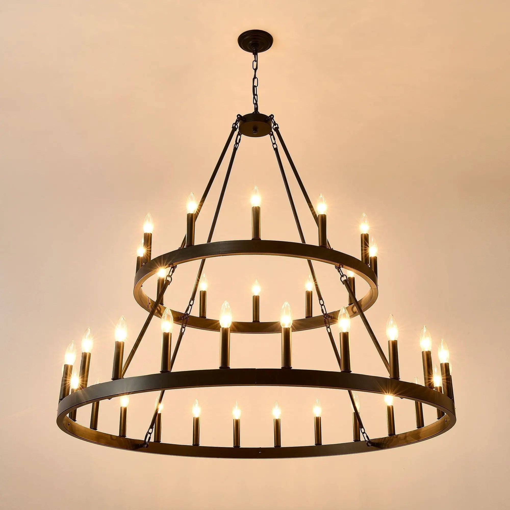 2 Tiers Wagon Wheel Chandelier Wooden Farmhouse 36 Light (24 / 12) Or (12 / 24) Metal Chandeliers 2 Story Light Fixtures Industrial For High Ceiling Living Dining Room Foyer, Adjustable Height - Black by HouseOfZazla
