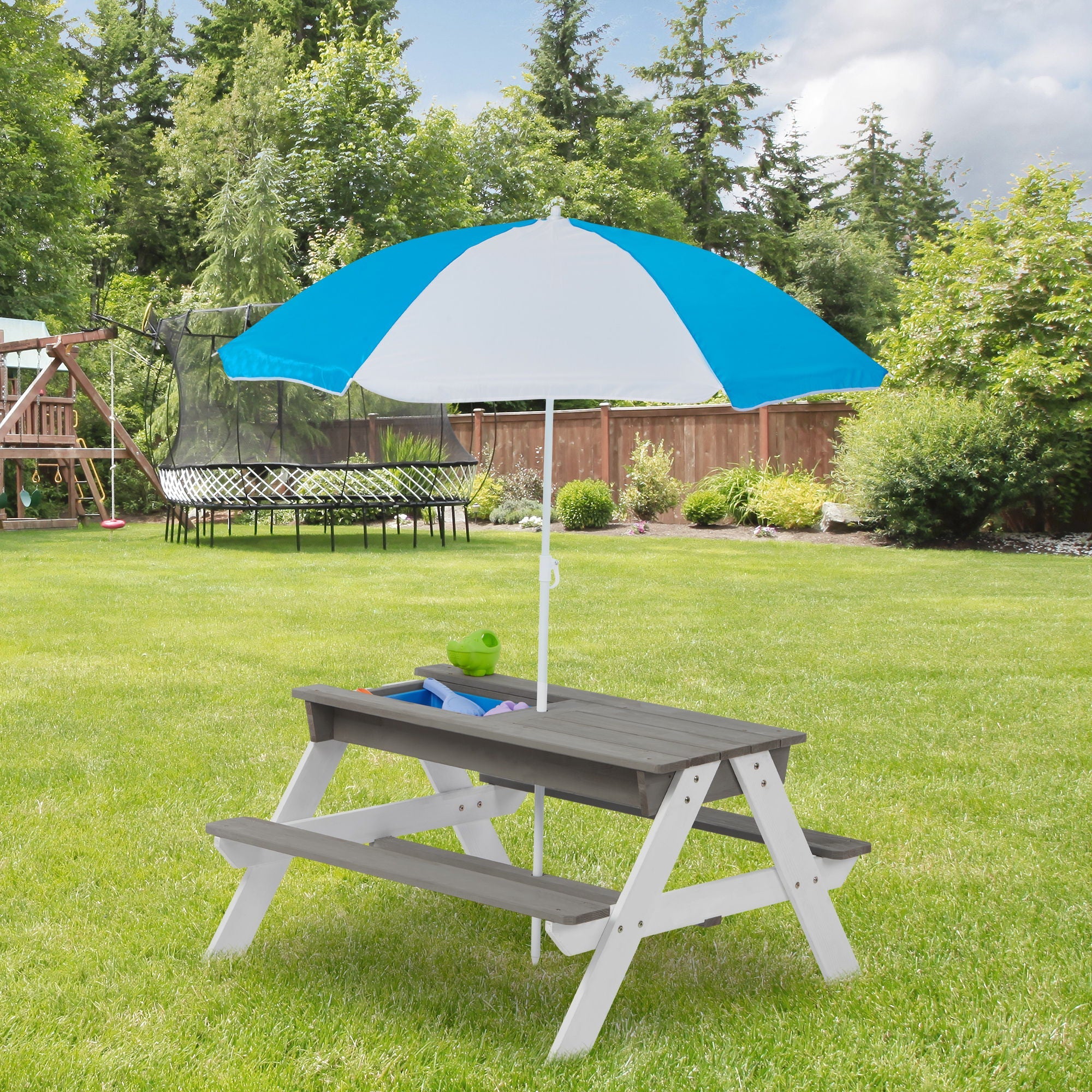 3-In-1 Kids Outdoor Wooden Picnic Table With Umbrella, Convertible Sand & Water, ASTM & CPSIA Certification by Unique Piece Furniture
