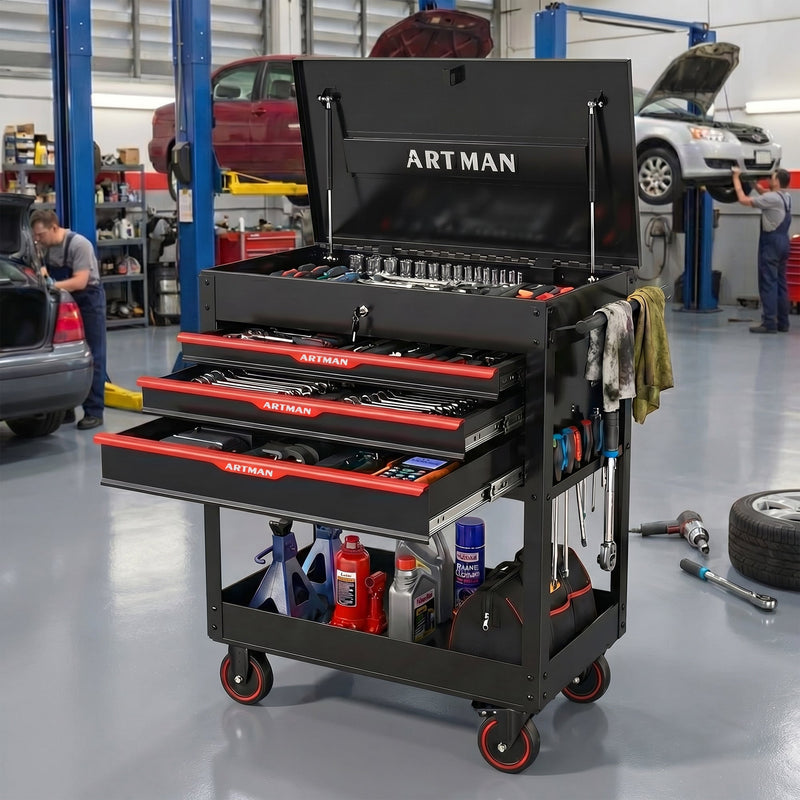 3 Drawers Multifunctional Tool Cart with Wheels and Steel Top - Black & Red by HouseOfZazla