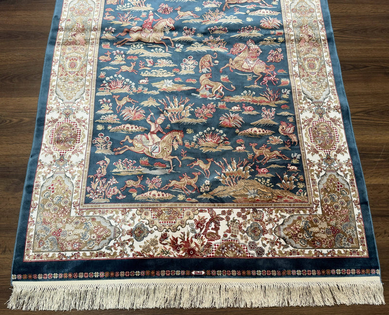 Turkish Silk Hunting Design Rug 4x6, Dark Steel Blue & Ivory, Bamboo Silk, New by Jewel Rugs