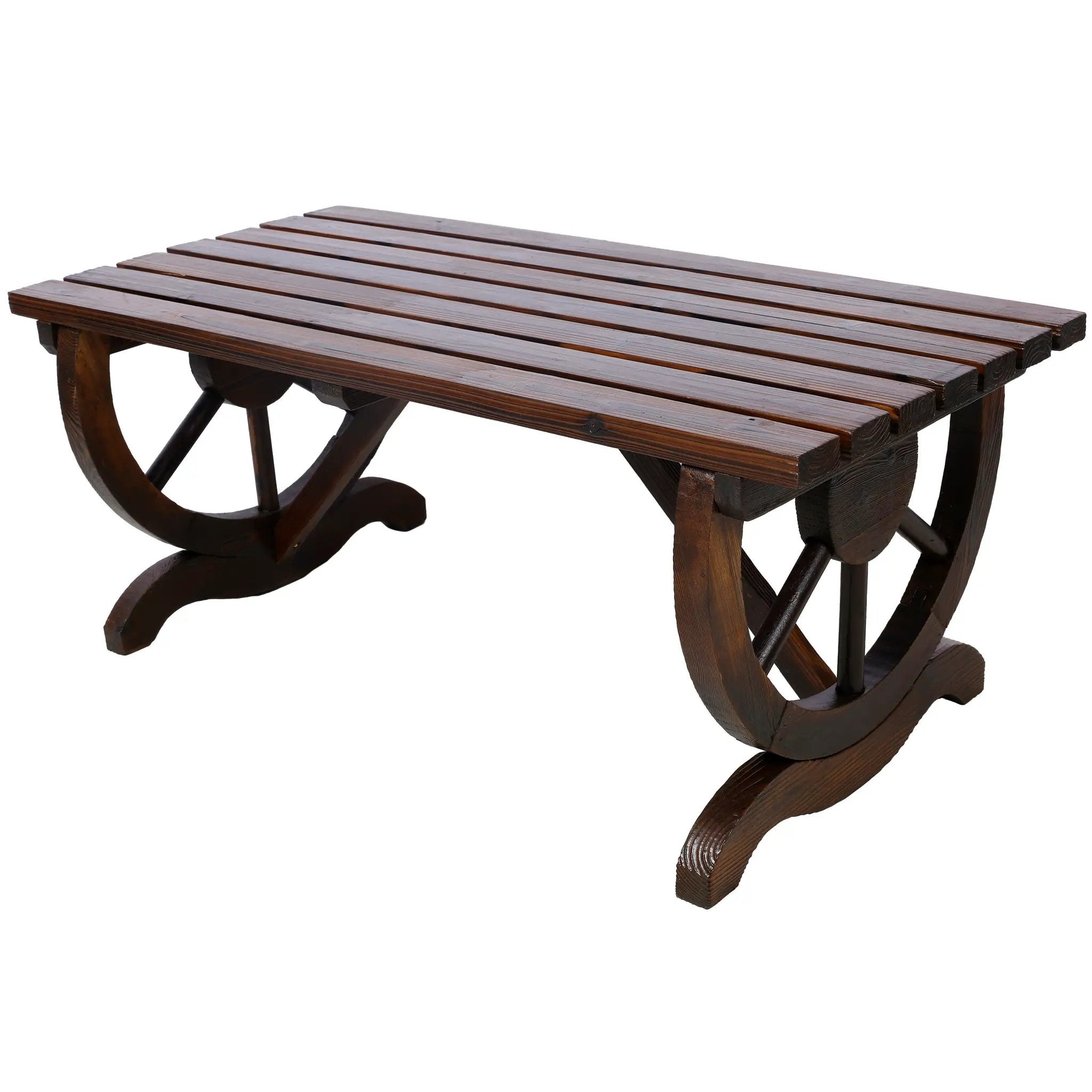 Outdoor Rustic Wooden Bench with Wagon Wheel Legs by HouseOfZazla