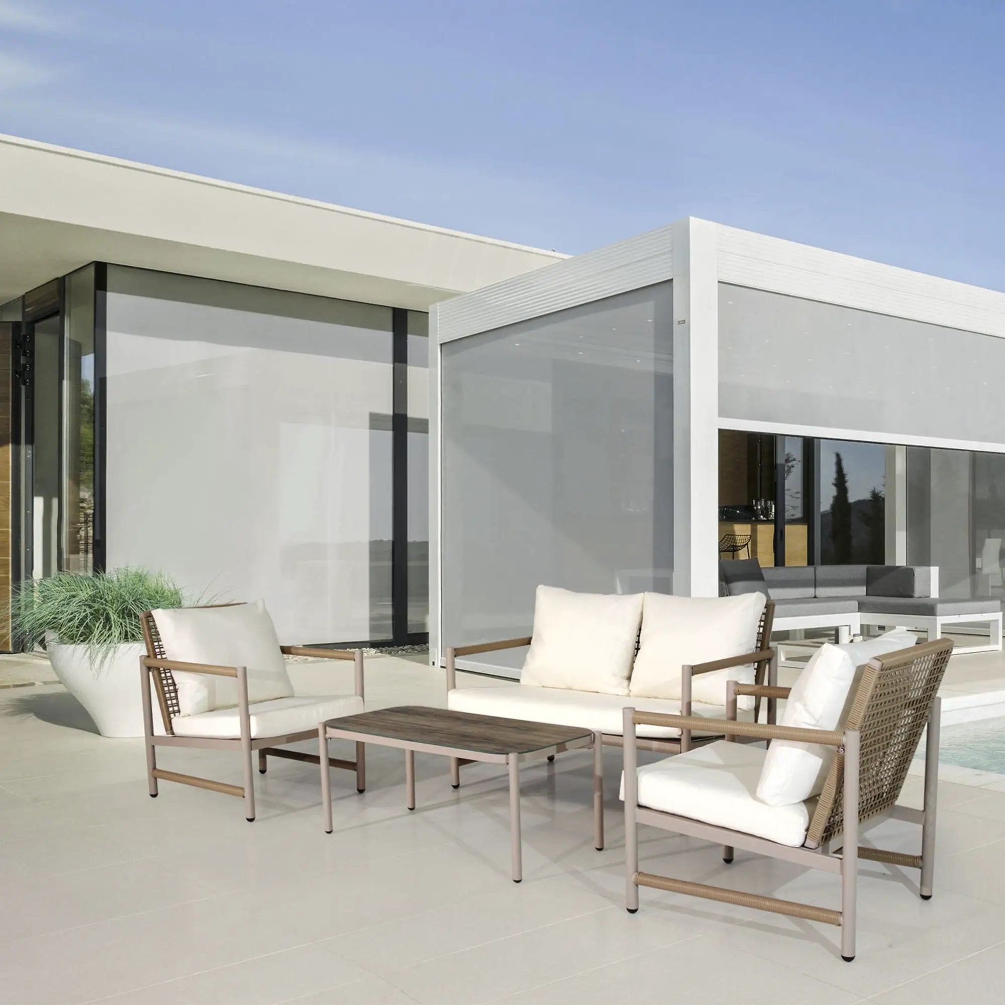 4 Pieces Patio Furniture Set, PE Rattan Wicker With Washable Cushion And Tempered Glass Tabletop, Conversation Furniture For Garden Poolside Balcony by HouseOfZazla