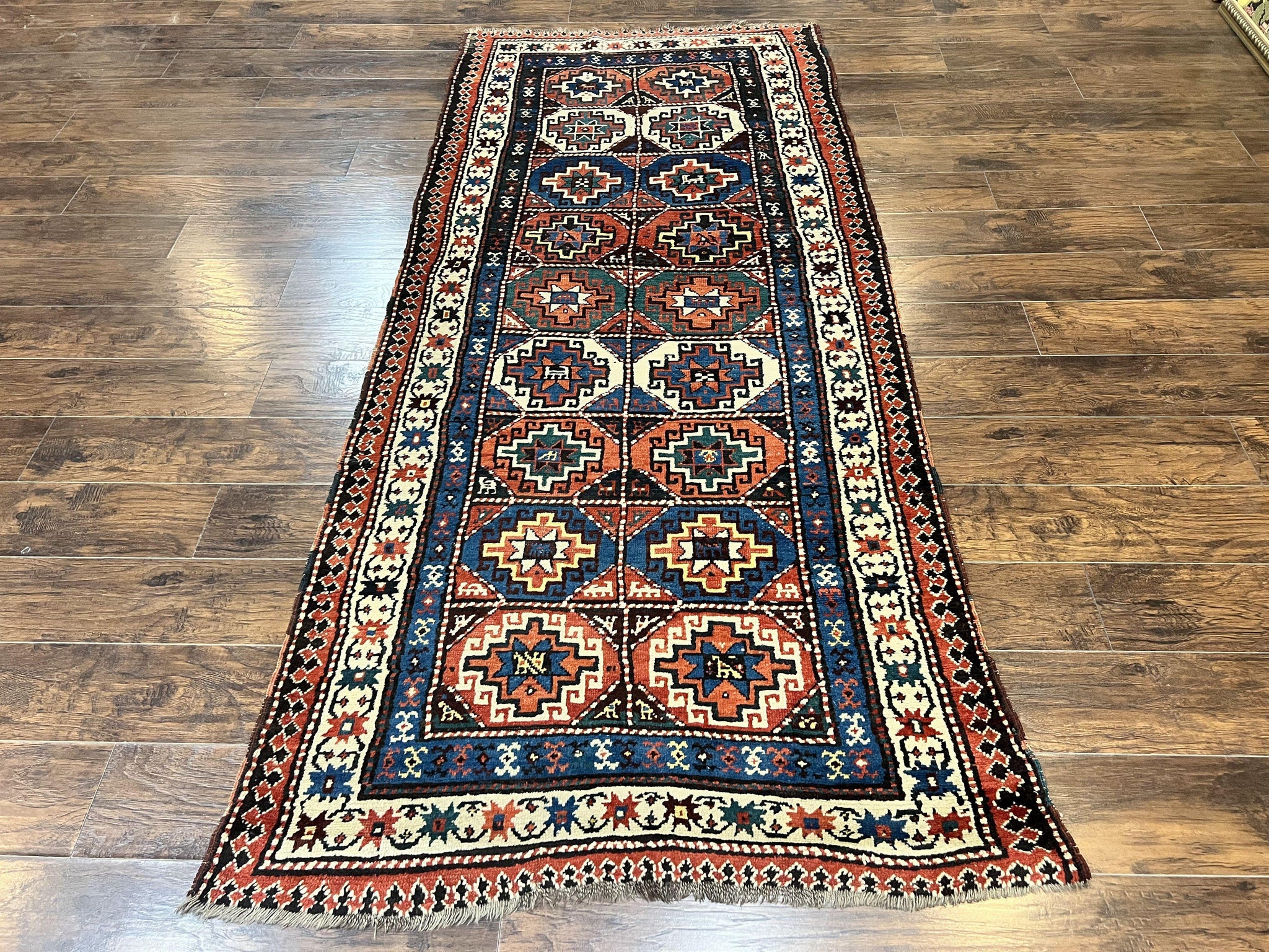Antique Caucasian Kazak Runner Rug 4 x 9.5, Handmade Wool Rug for Hallway, Rare Colorful Panel Design Mid 19th Century 1870s Oriental Carpet by Jewel Rugs
