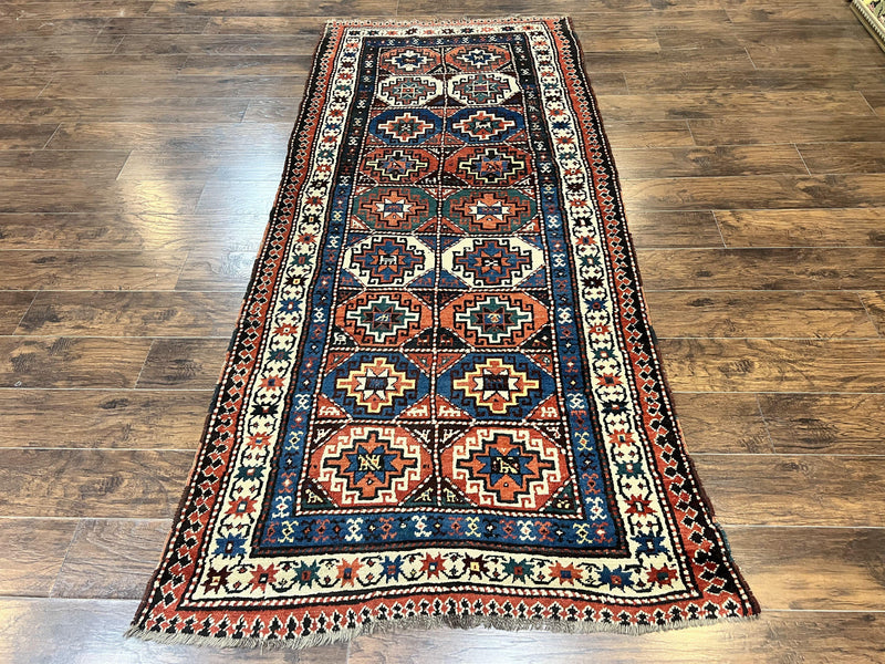 Antique Caucasian Kazak Runner Rug 4 x 9.5, Handmade Wool Rug for Hallway, Rare Colorful Panel Design Mid 19th Century 1870s Oriental Carpet by Jewel Rugs