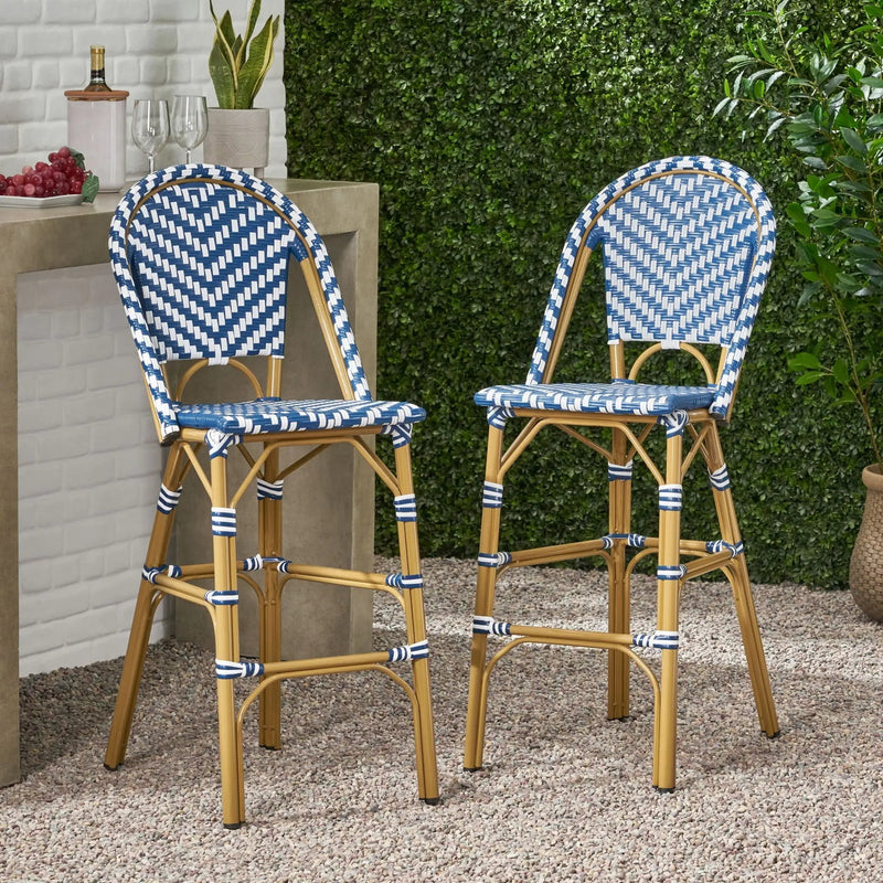 Outdoor Rattan French Barstool Set - Navy Blue & White by HouseOfZazla