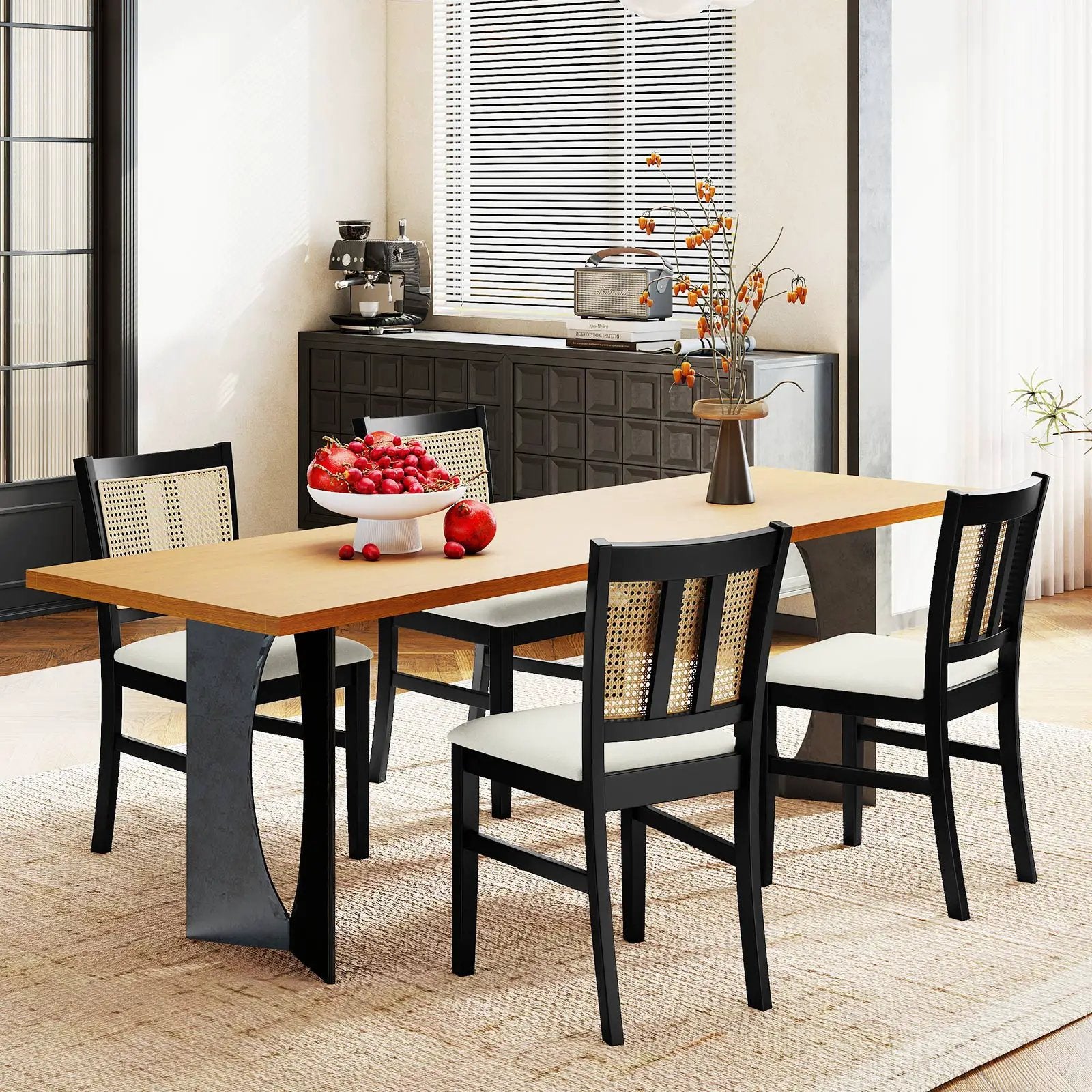 Farmhouse Rattan Dining Chair Set of 2 with Rubber Wood Legs and Cane Back-Beige by DirectDeals
