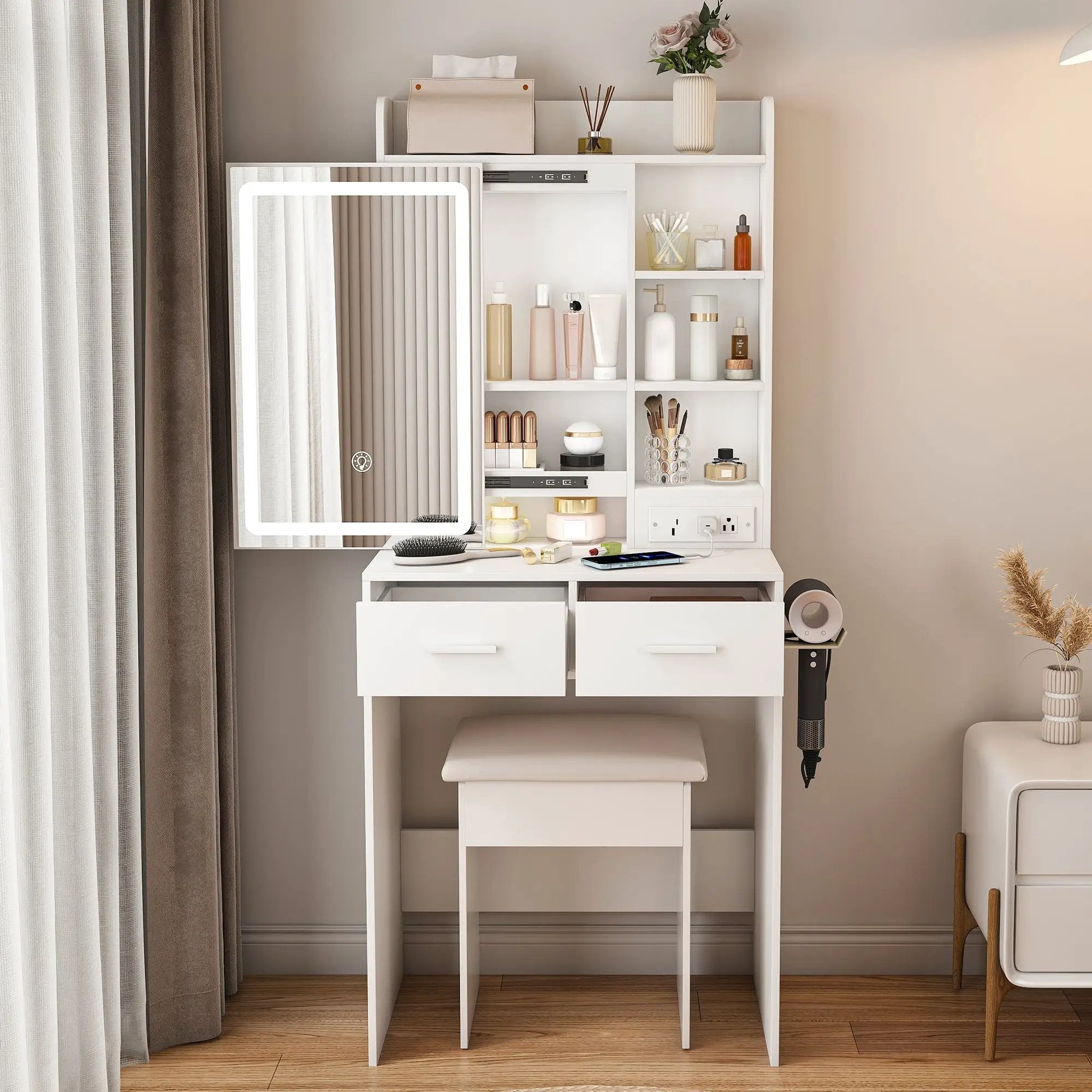 Space Saving Makeup Vanity Desk With Mirror & Adjustable LED Lights by HouseOfZazla