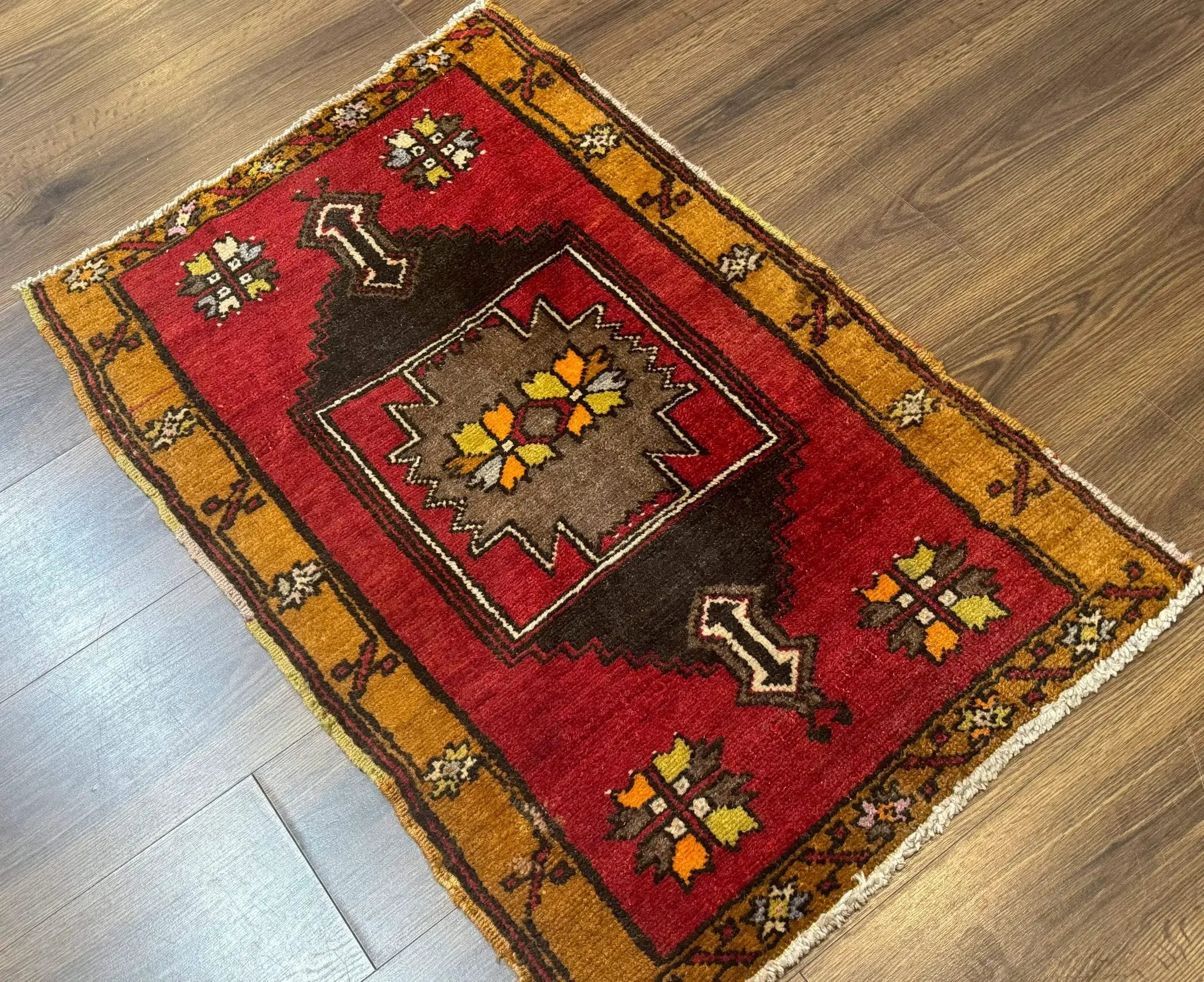 Turkish Yastik Rug 2x3, Geometric Medallion, Small Turkish Wool Rug, Red by Jewel Rugs