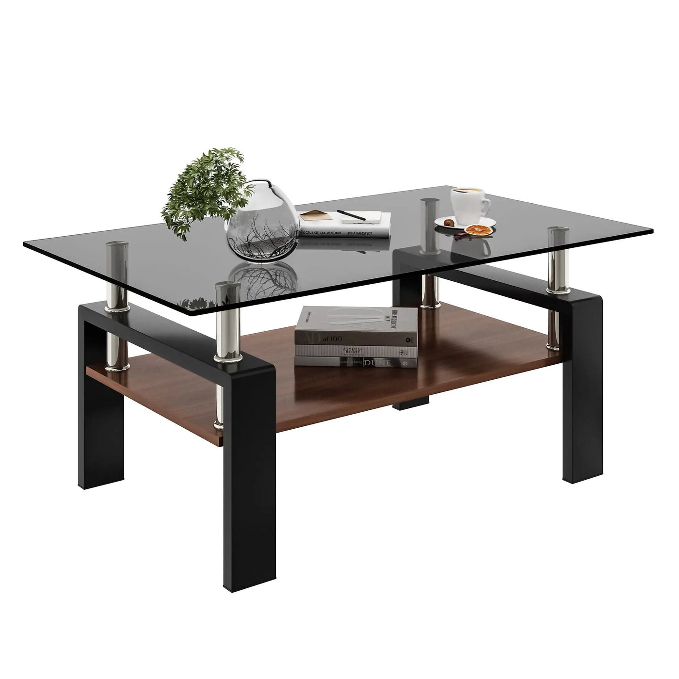 Modern Rectangular Coffee Table With Tempered Transparent Glass Top And Storage Shelf by HouseOfZazla