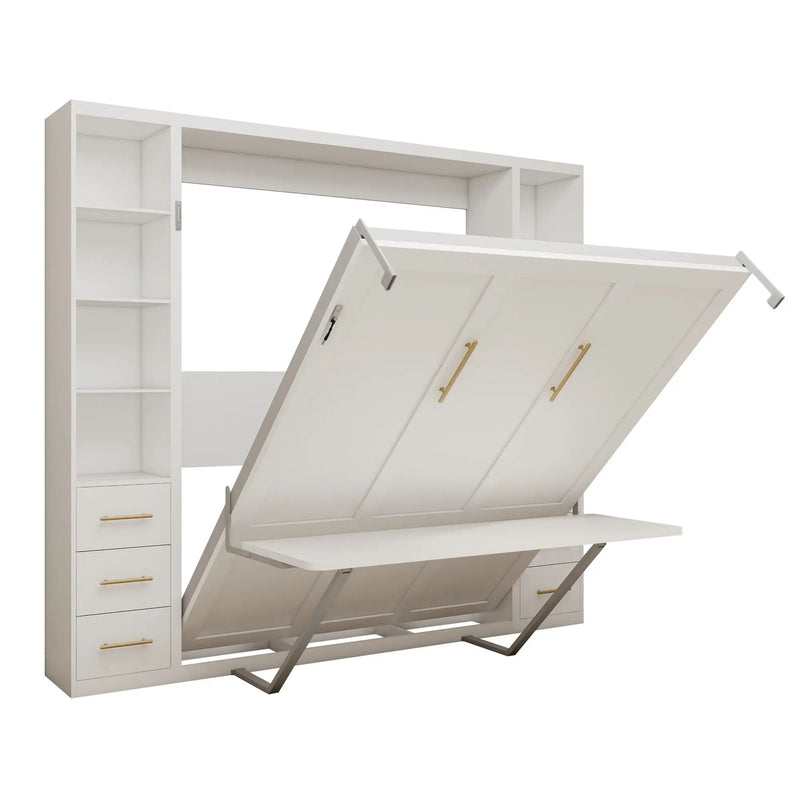 Queen Size Murphy Wall Bed With Side Storage Cabinets - White by HouseOfZazla