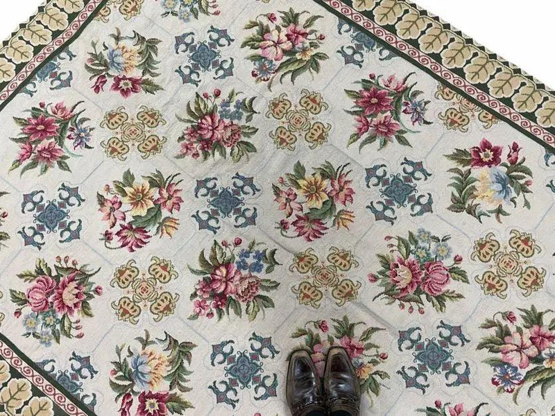 Hand-Knotted Needlepoint Carpet 6x9, Ivory/Cream Background, Colorful Flowers, Yellow Border, Aubusson Rug 6 x 9, New, Handmade by Jewel Rugs