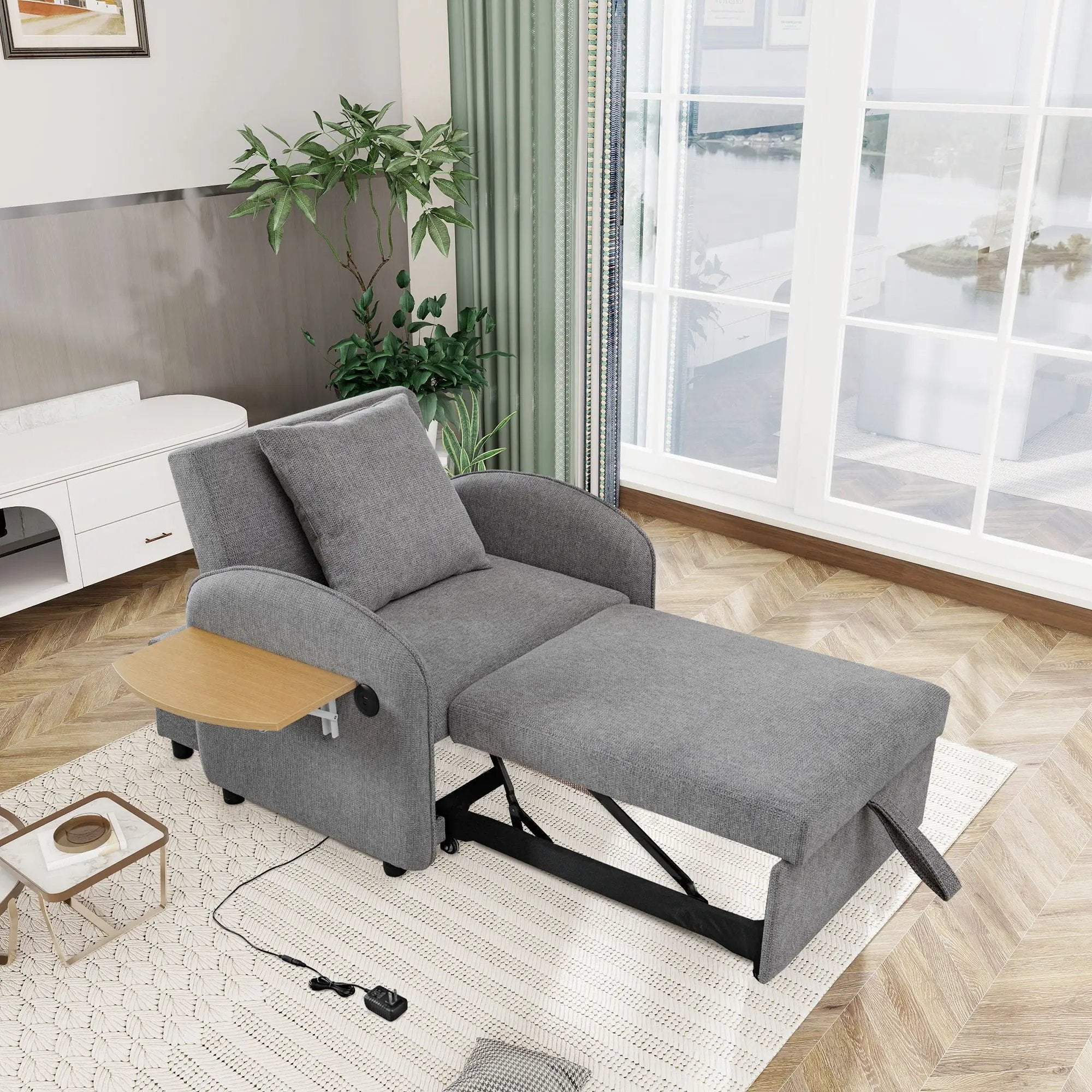 Convertible Single Chair Bed 3 In 1 Sofa With Computer Board And USB Ports - Gray by HouseOfZazla