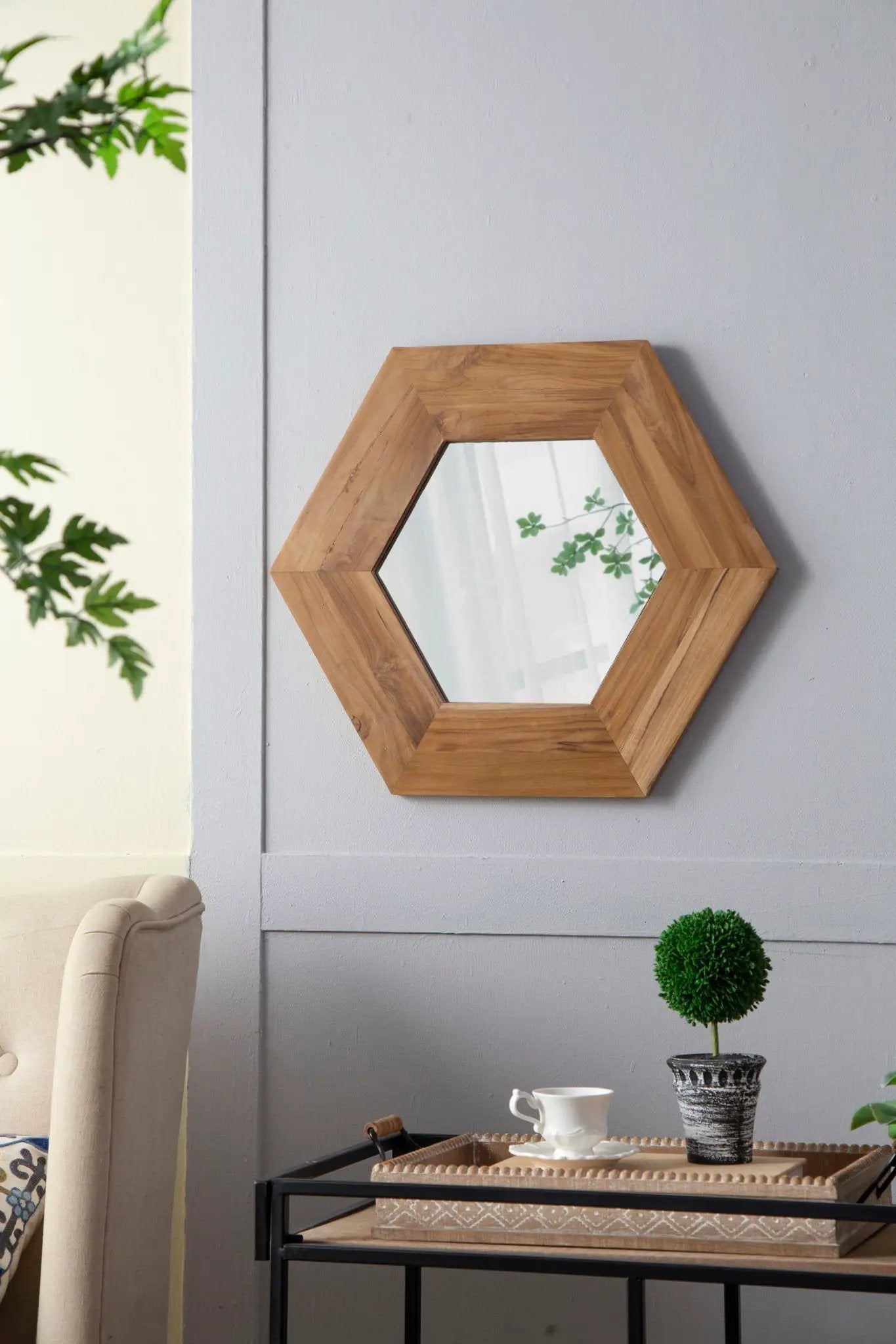 Hexagon Mirror With Natural Wood Frame, Wall Decor For Living Room Bathroom Hallway by HouseOfZazla