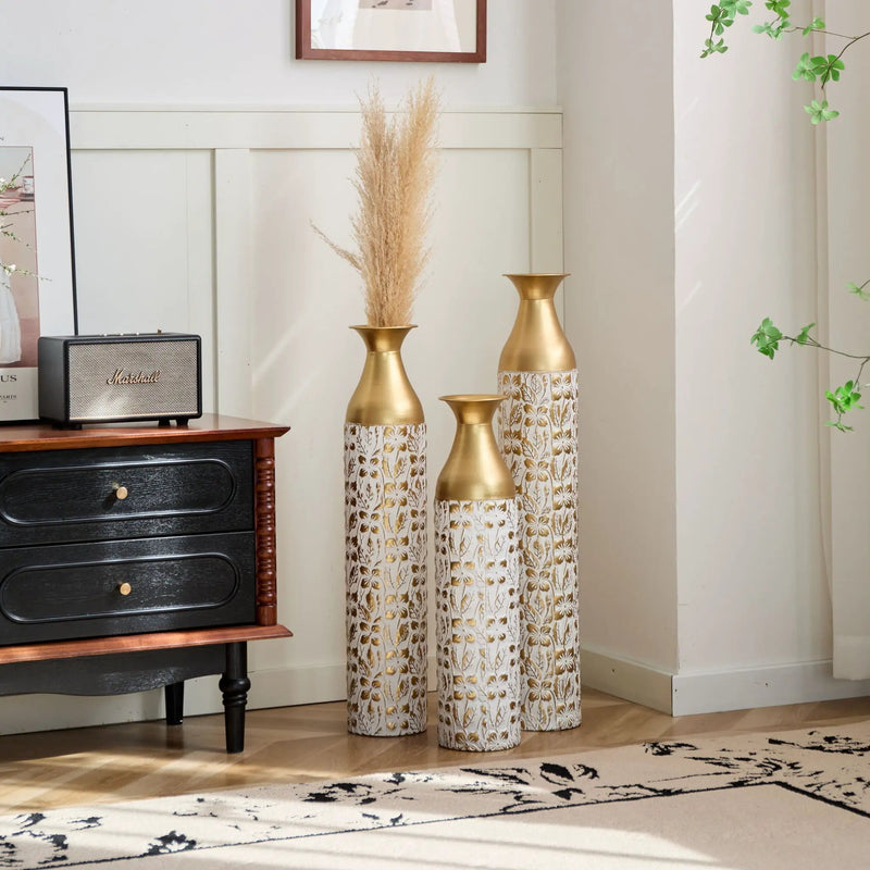 Mother's Day Gift Set Gilded White 3D Relief Flower Metal Vase Set - White / Gold by HouseOfZazla