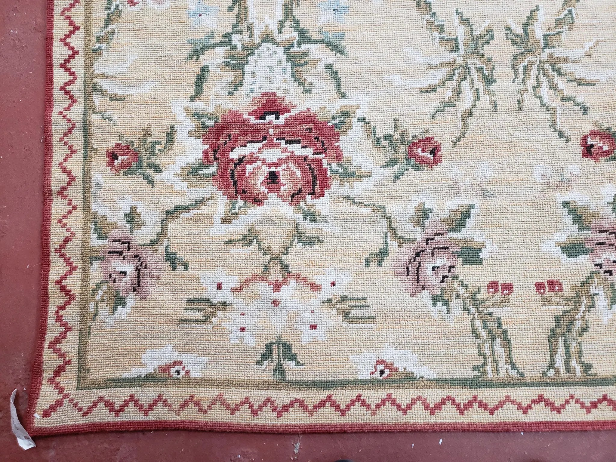Needlepoint Rug 10x14 Wool Flatweave Carpet, English Floral Pattern, Pale Yellow, Roses, Allover Pattern, Handmade Large Needlepoint Nice by Jewel Rugs