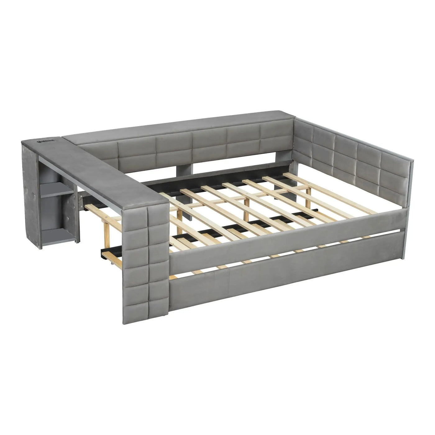 Upholstered Platform Bed With Storage Shelves, Desk, Charging Station And Trundle by HouseOfZazla