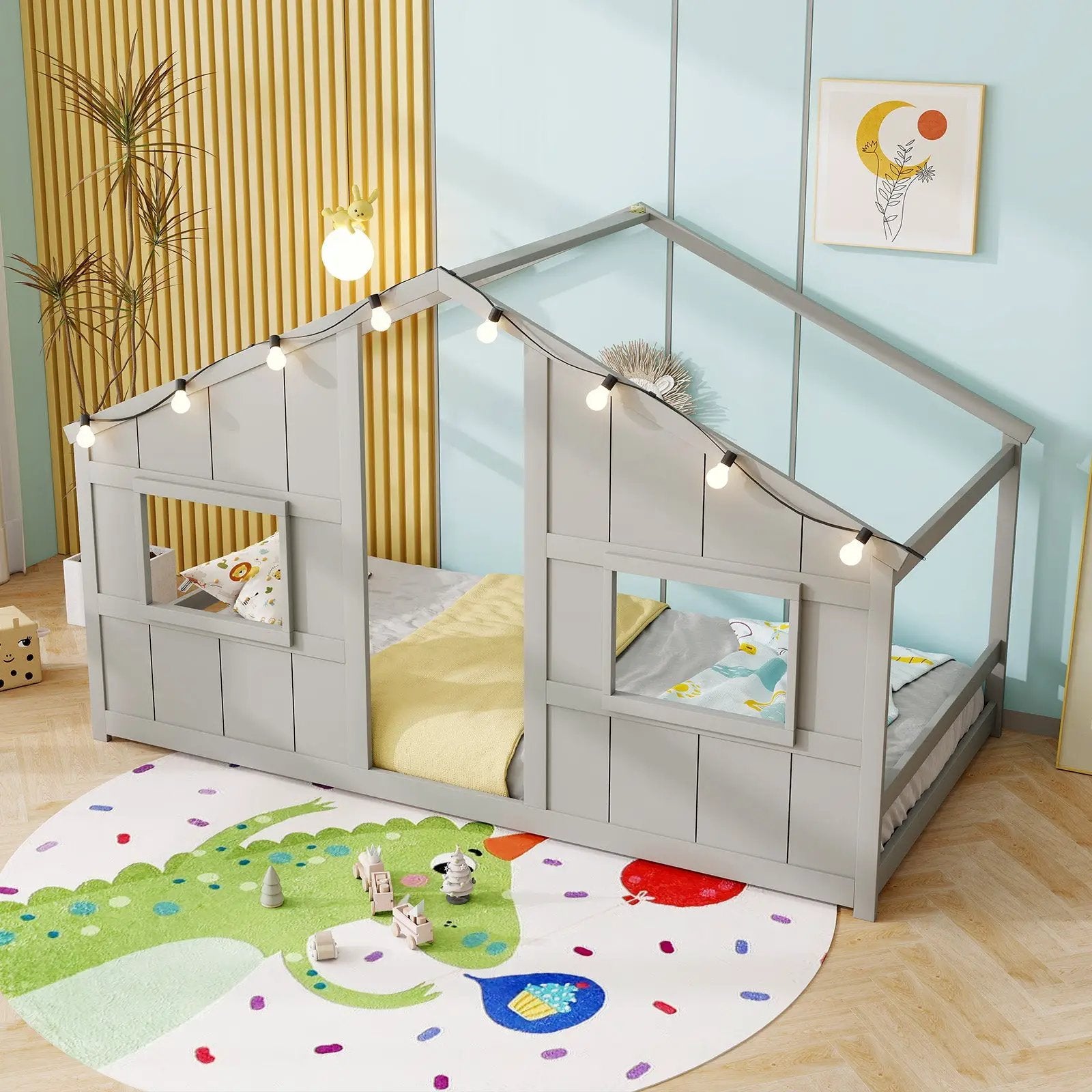 Twin Size House Bed with LED Lights Montessori Slat-free Floor Bed by DirectDeals
