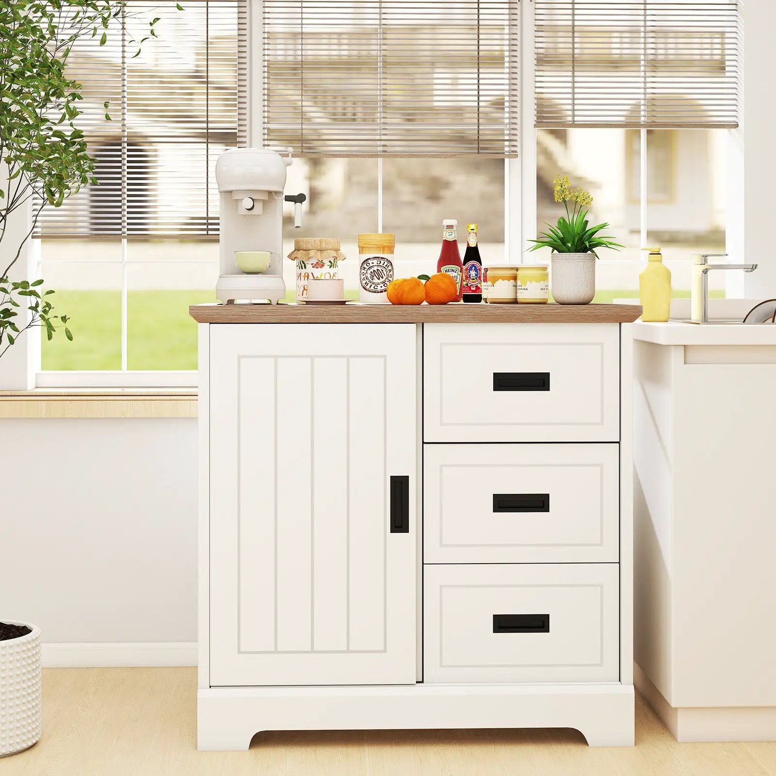 Farmhouse Sideboard Buffet Cabinet Kitchen Pantry with Sliding Doors-White by DirectDeals