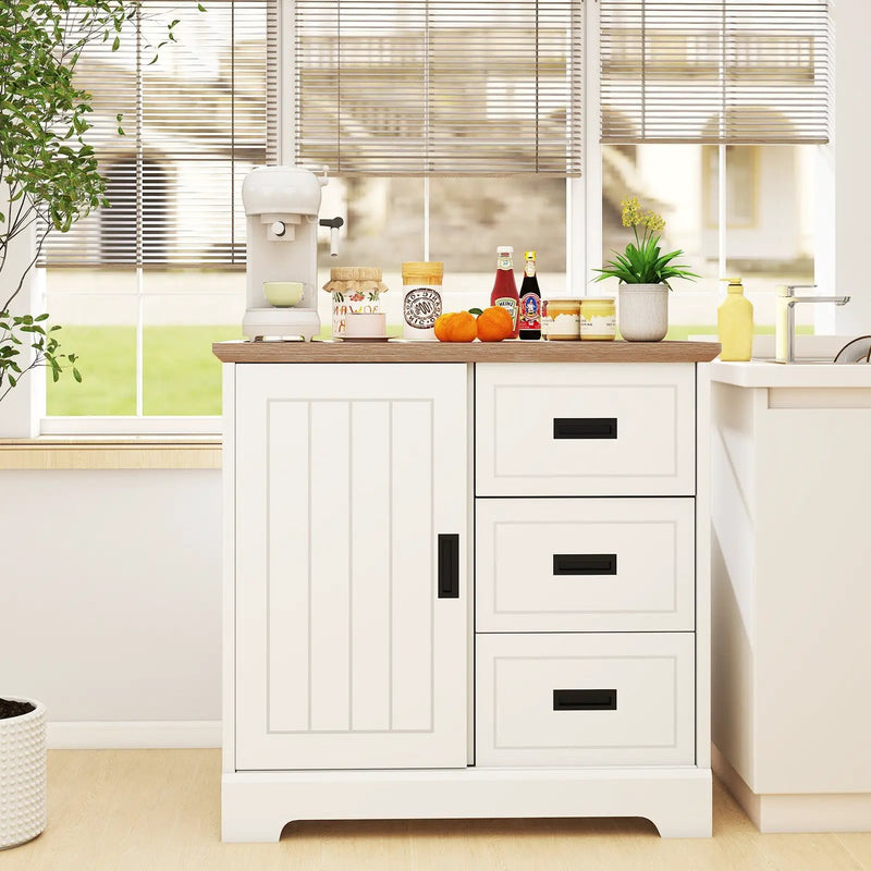 Farmhouse Sideboard Buffet Cabinet Kitchen Pantry with Sliding Doors-White by DirectDeals