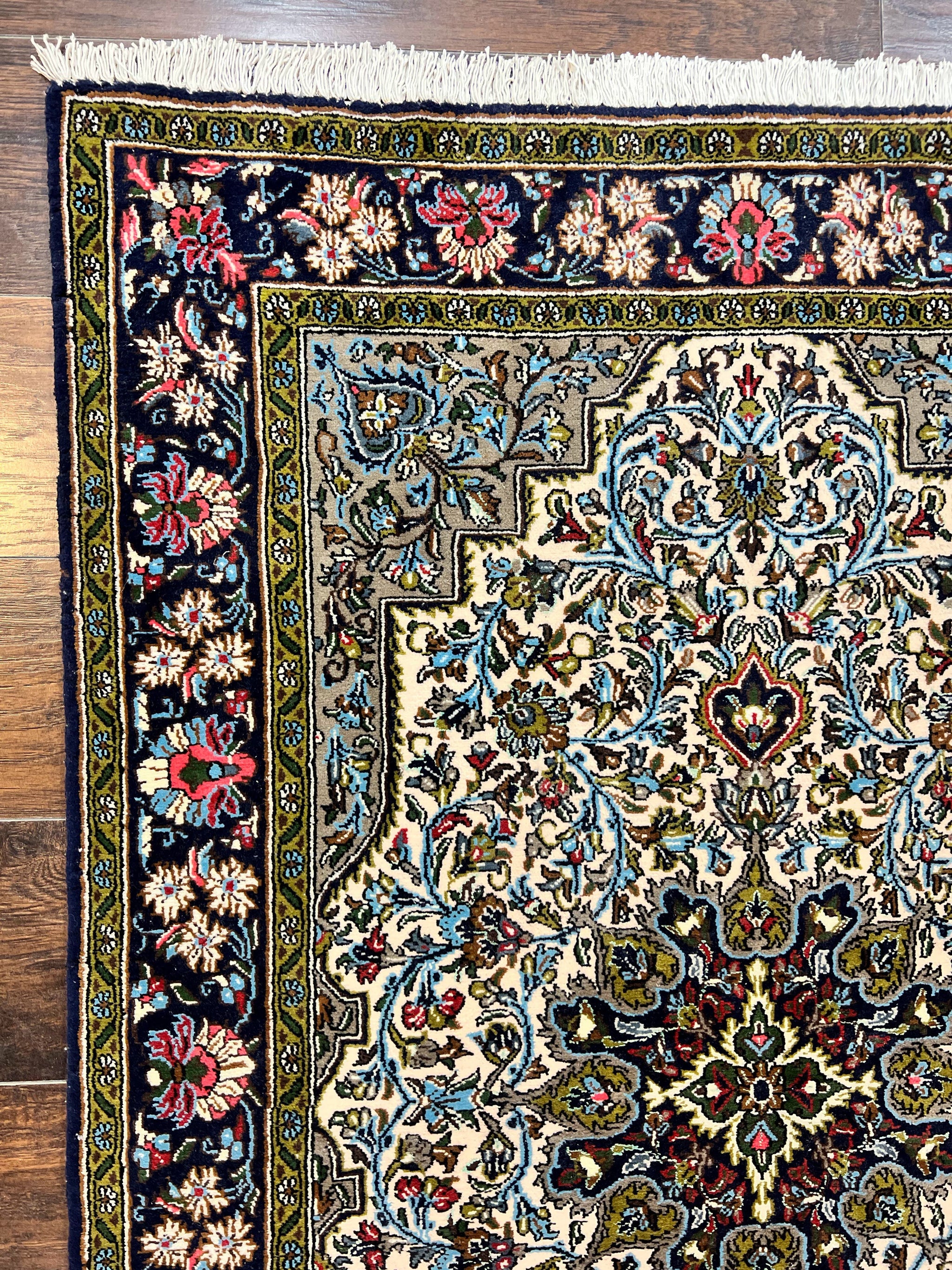 Persian Qum Rug 3x5, Wool with Silk Highlights, Handmade Semi Antique Carpet, Ivory & Navy Blue, Floral Medallion, Finely Hand Knotted by Jewel Rugs