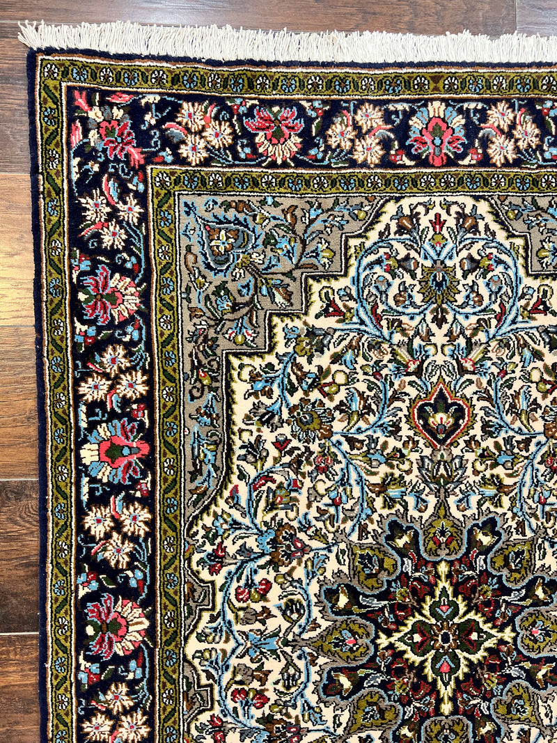 Persian Qum Rug 3x5, Wool with Silk Highlights, Handmade Semi Antique Carpet, Ivory & Navy Blue, Floral Medallion, Finely Hand Knotted by Jewel Rugs