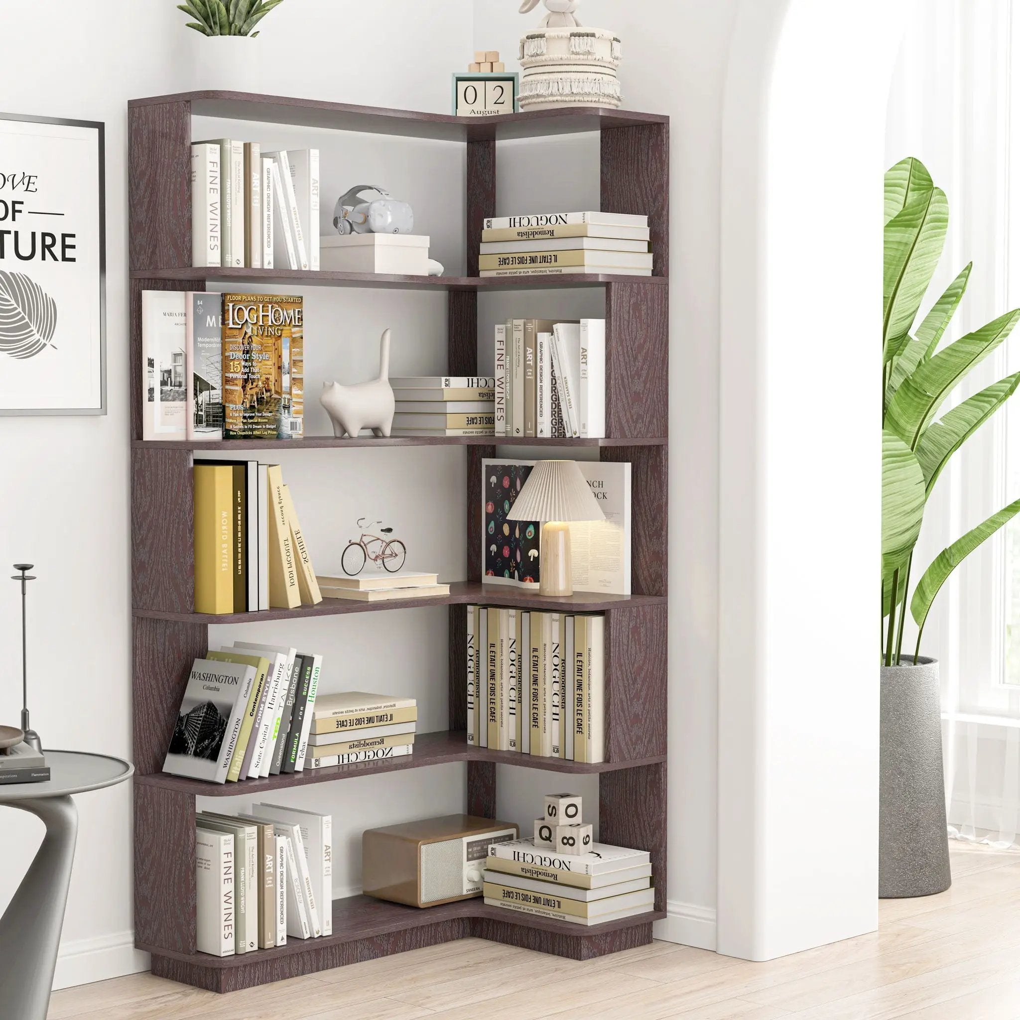 Ox Blood - Red 90Cm L-Shaped Freestanding Corner Bookshelf With Anti Tip Safety, Storage Cabinet For Living Room - Ox Blood Red by HouseOfZazla