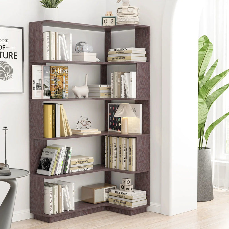 Ox Blood - Red 90Cm L-Shaped Freestanding Corner Bookshelf With Anti Tip Safety, Storage Cabinet For Living Room - Ox Blood Red by HouseOfZazla