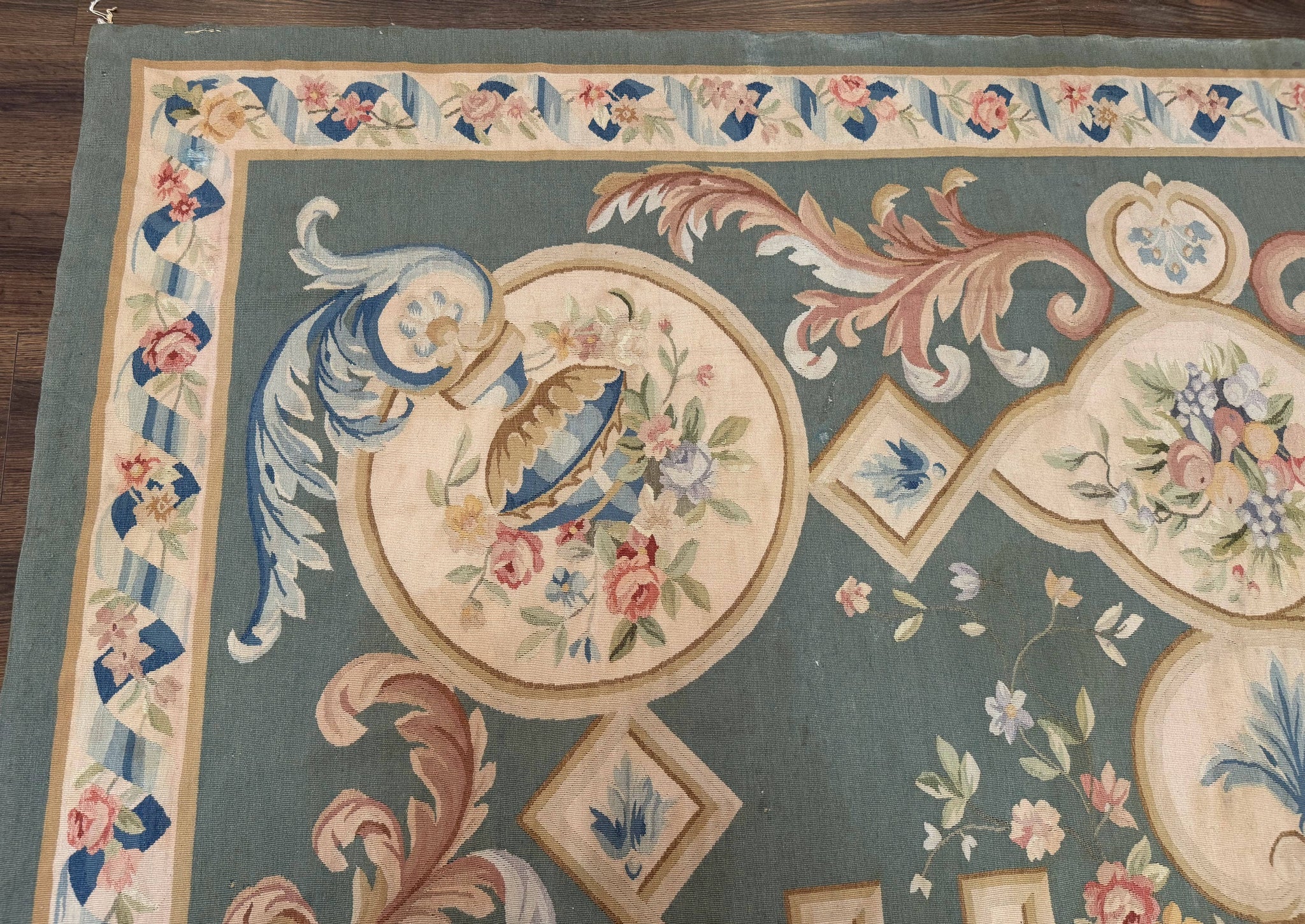 Aubusson Rug 9x12, Muted Sage Green and Cream, European Design by Jewel Rugs