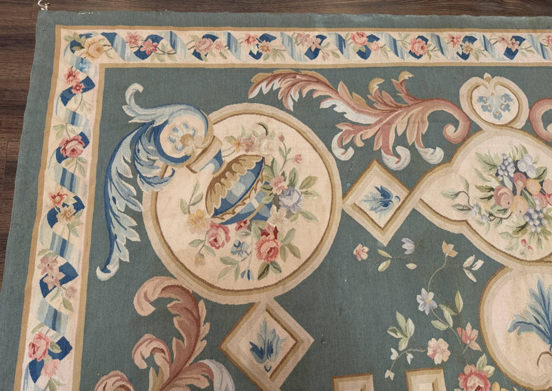 Aubusson Rug 9x12, Muted Sage Green and Cream, European Design by Jewel Rugs