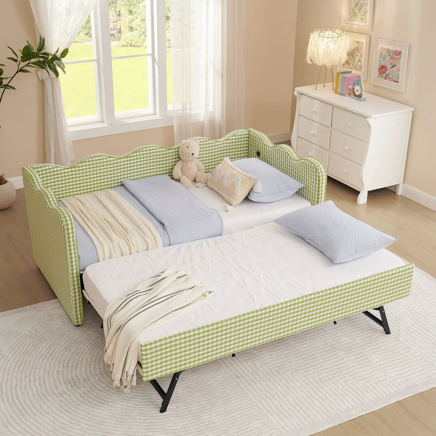 Gingham Daybed With USB Charging Port, Wave-Shaped Design by HouseOfZazla