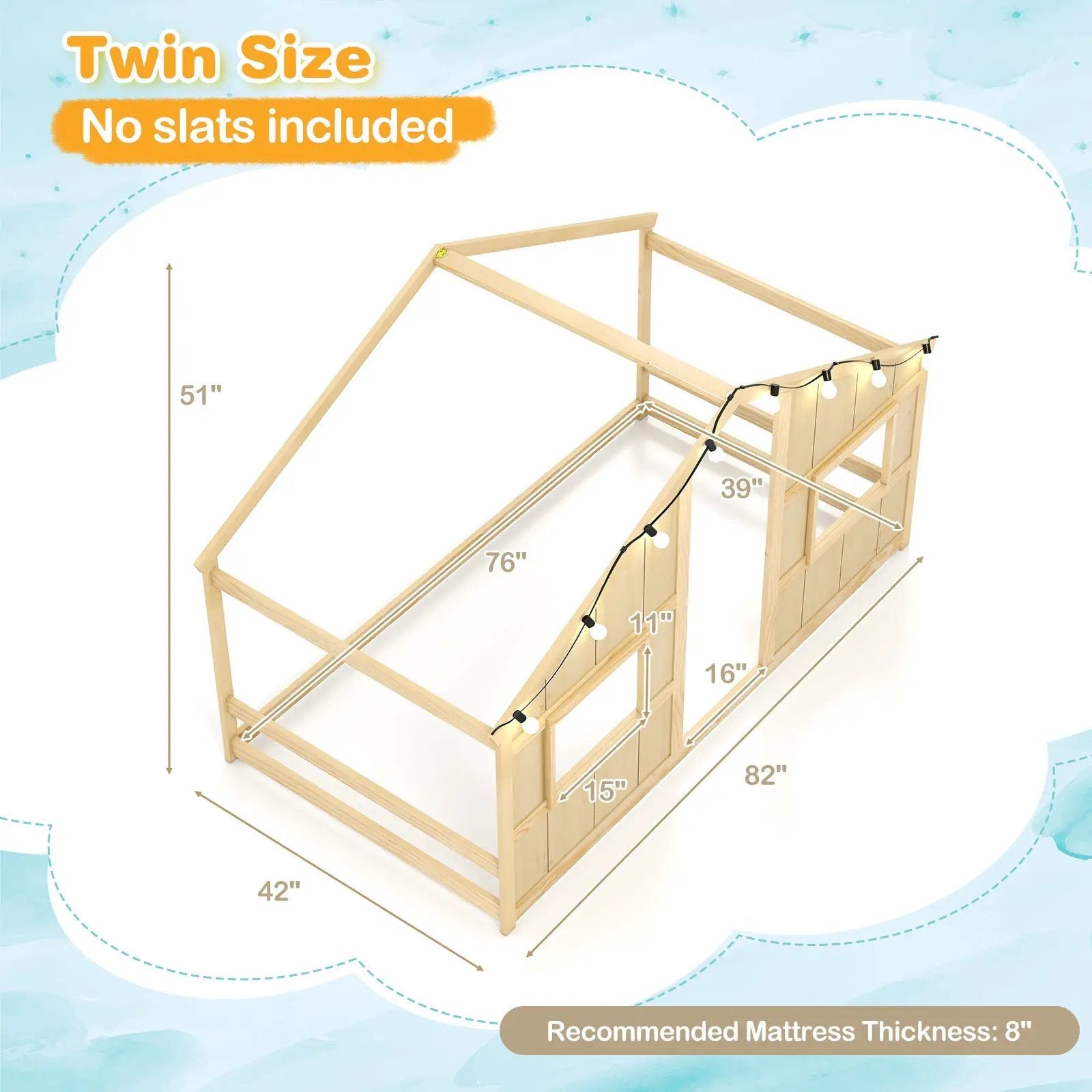 Twin Size House Bed with LED Lights Montessori Slat-free Floor Bed by DirectDeals