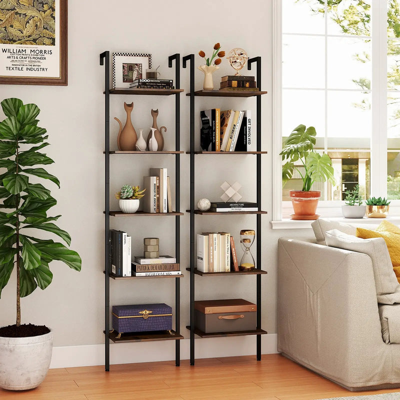 5 Tier Wall Mount Ladder Shelf with Anti-Tipping Kits for Home Office-Rustic Brown by DirectDeals