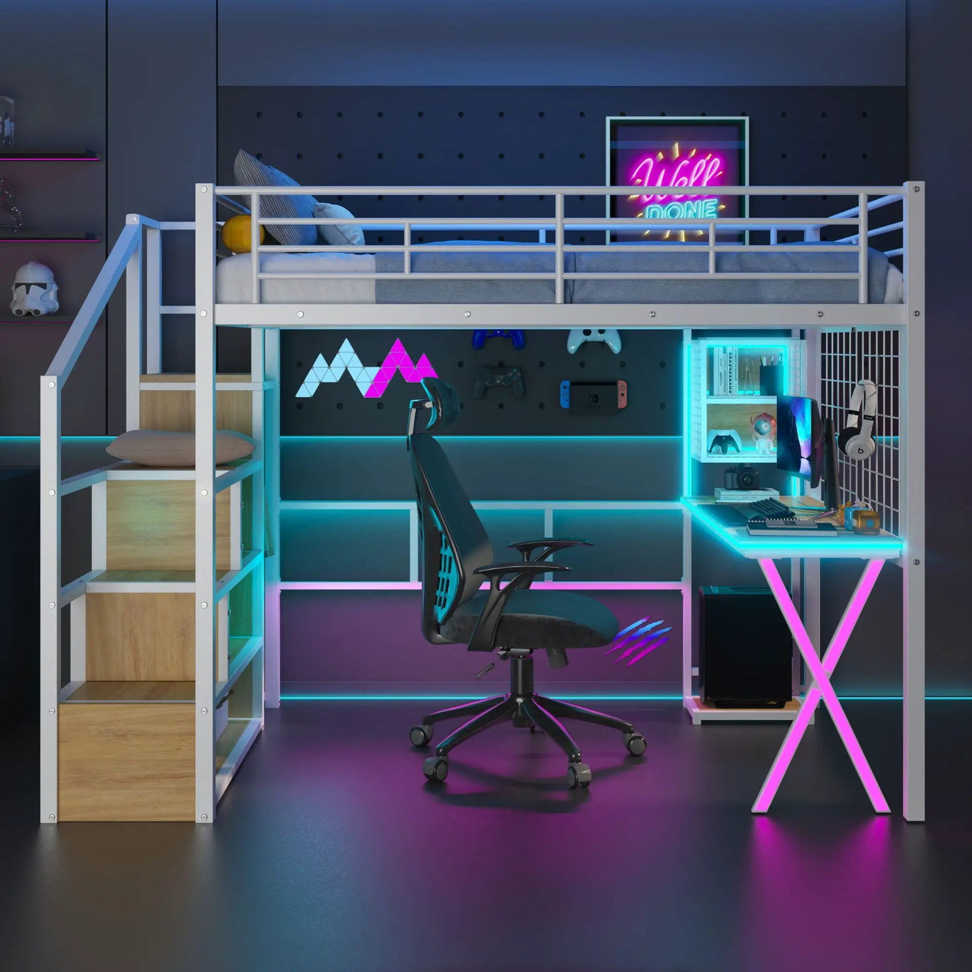 Loft Bed With Built In Work Station, Wardrobe, Storage Staircase And LED by Unique Piece Furniture