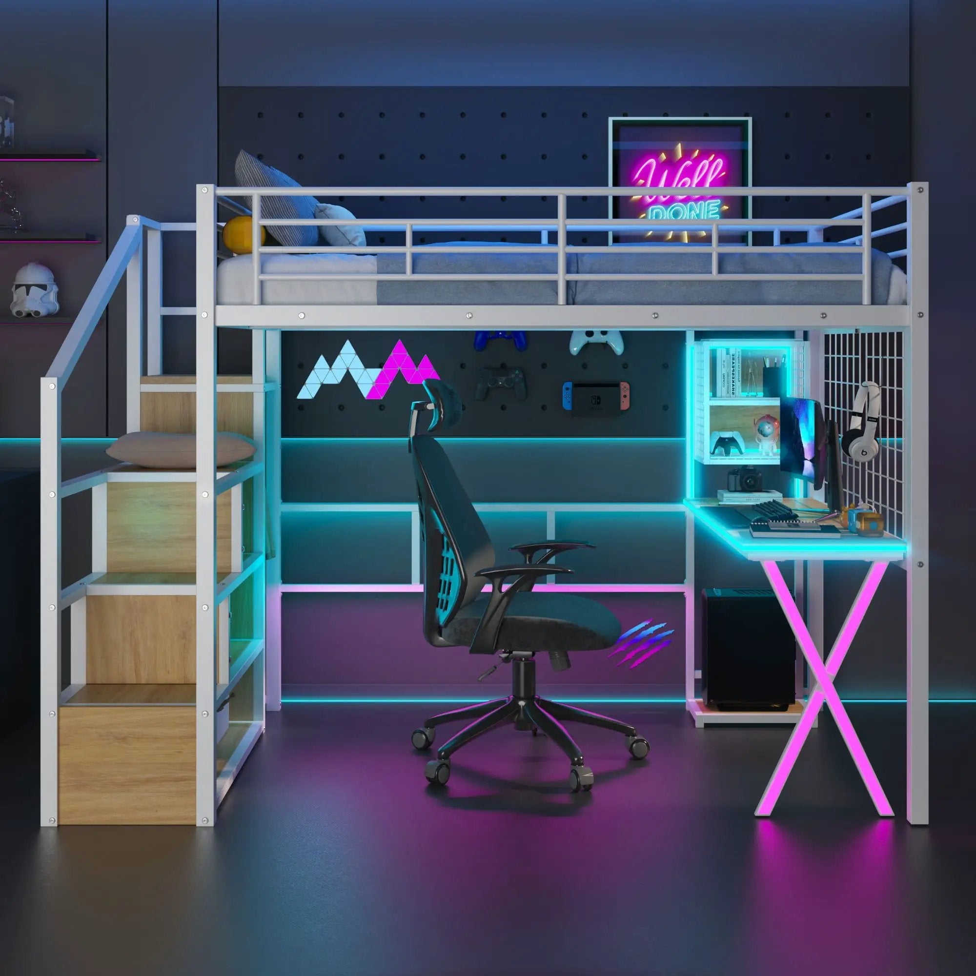Loft Bed With Built In Work Station, Wardrobe, Storage Staircase And LED by Unique Piece Furniture