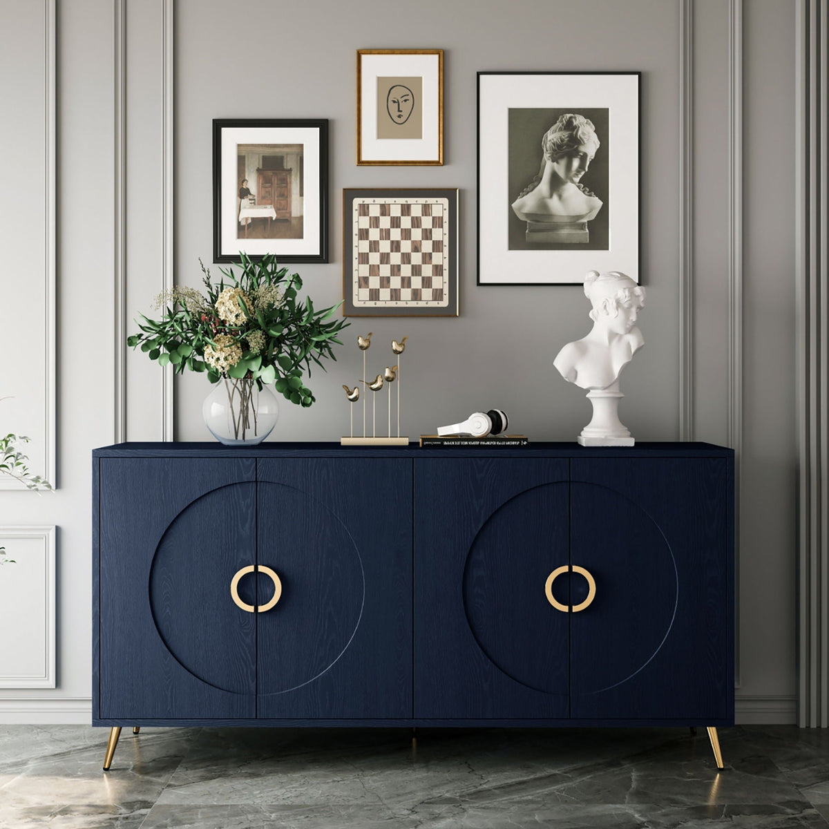 Modern Lacquered 4 Door Wooden Sideboard with Adjustable Shelves - Pearl Silver, Blue, Black, photo 2 of 12