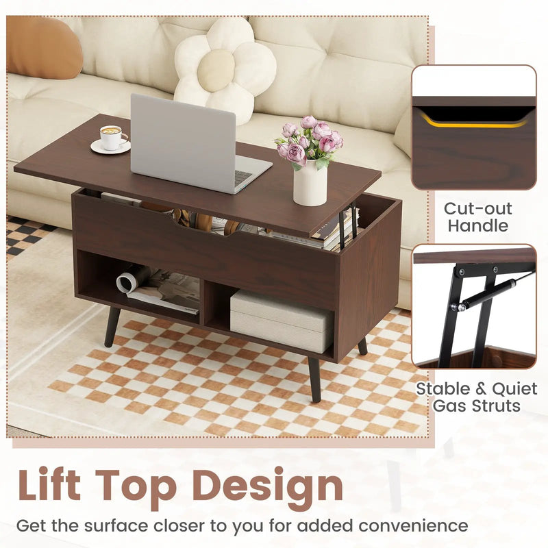 31.5 Inch Lift-Top Coffee Table with Hidden Storage and 2 Open Shelves by DirectDeals