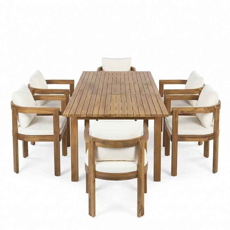 7 Pieces Acacia Wood Outdoor Dining Set with Cream Cushions by HouseOfZazla
