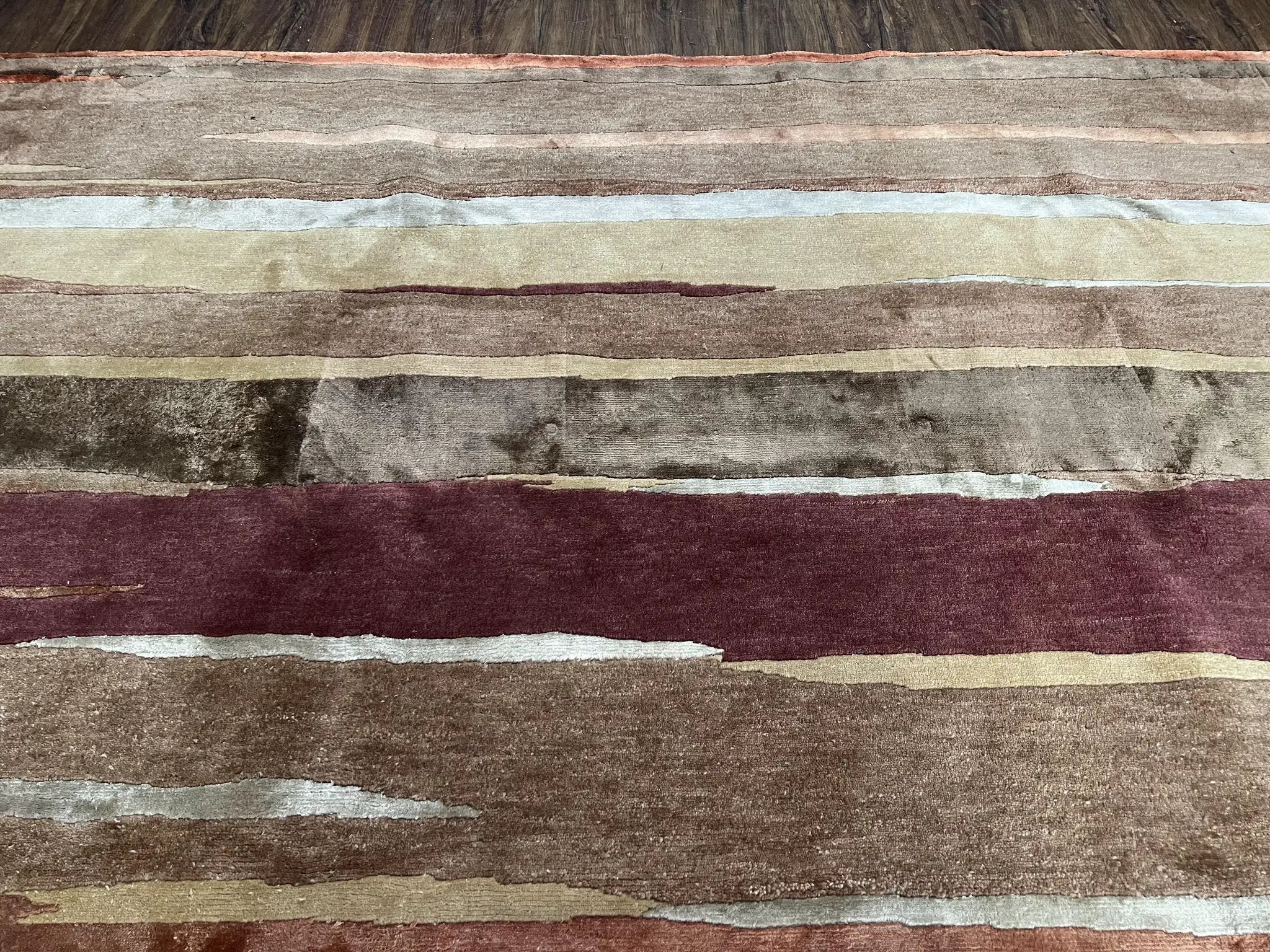 Modern Tibetan Rug 8x11 Nepali Carpet, Shiny Velvely Soft Wool and Silk, Contemporary Hand Knotted Rug, Striped Design, Wool Area Rug 8 x 11 by Jewel Rugs