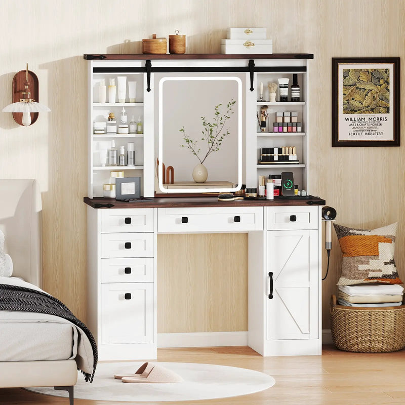 Farmhouse Vanity Desk with Barn-Style Sliding Mirror and 3 Lighting Modes-White by DirectDeals